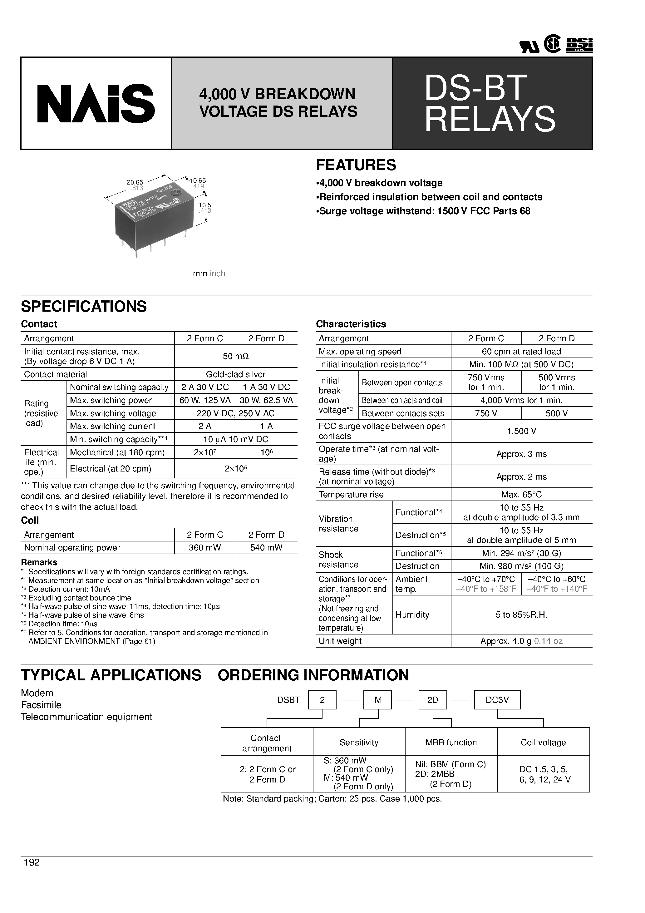 Datasheet DSBT2-M-2D-DC12V - 4/000 V BREAKDOWN VOLTAGE DS RELAYS page 1