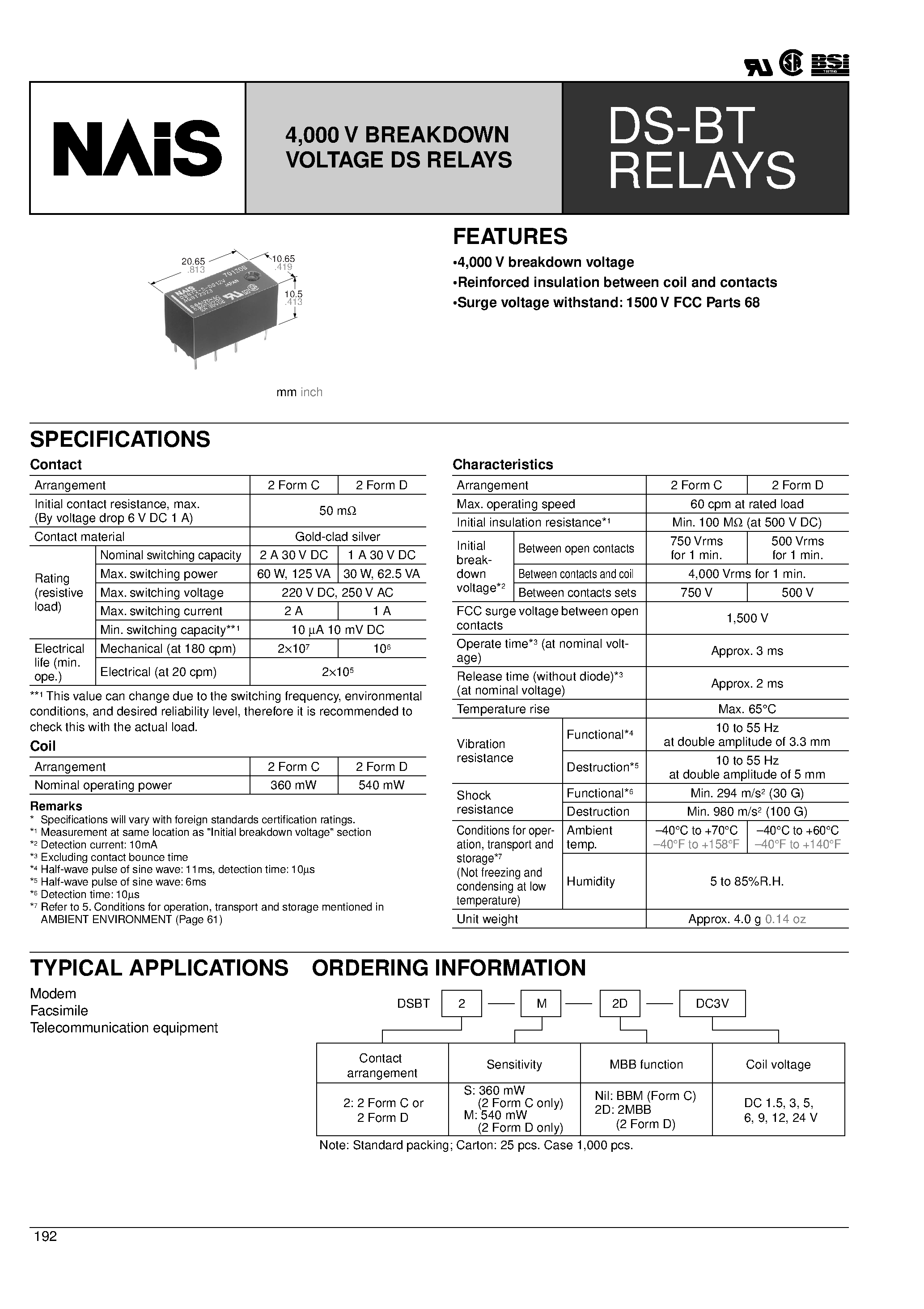 Даташит DSBT2-M-2D-DC24V - 4/000 V BREAKDOWN VOLTAGE DS RELAYS страница 1