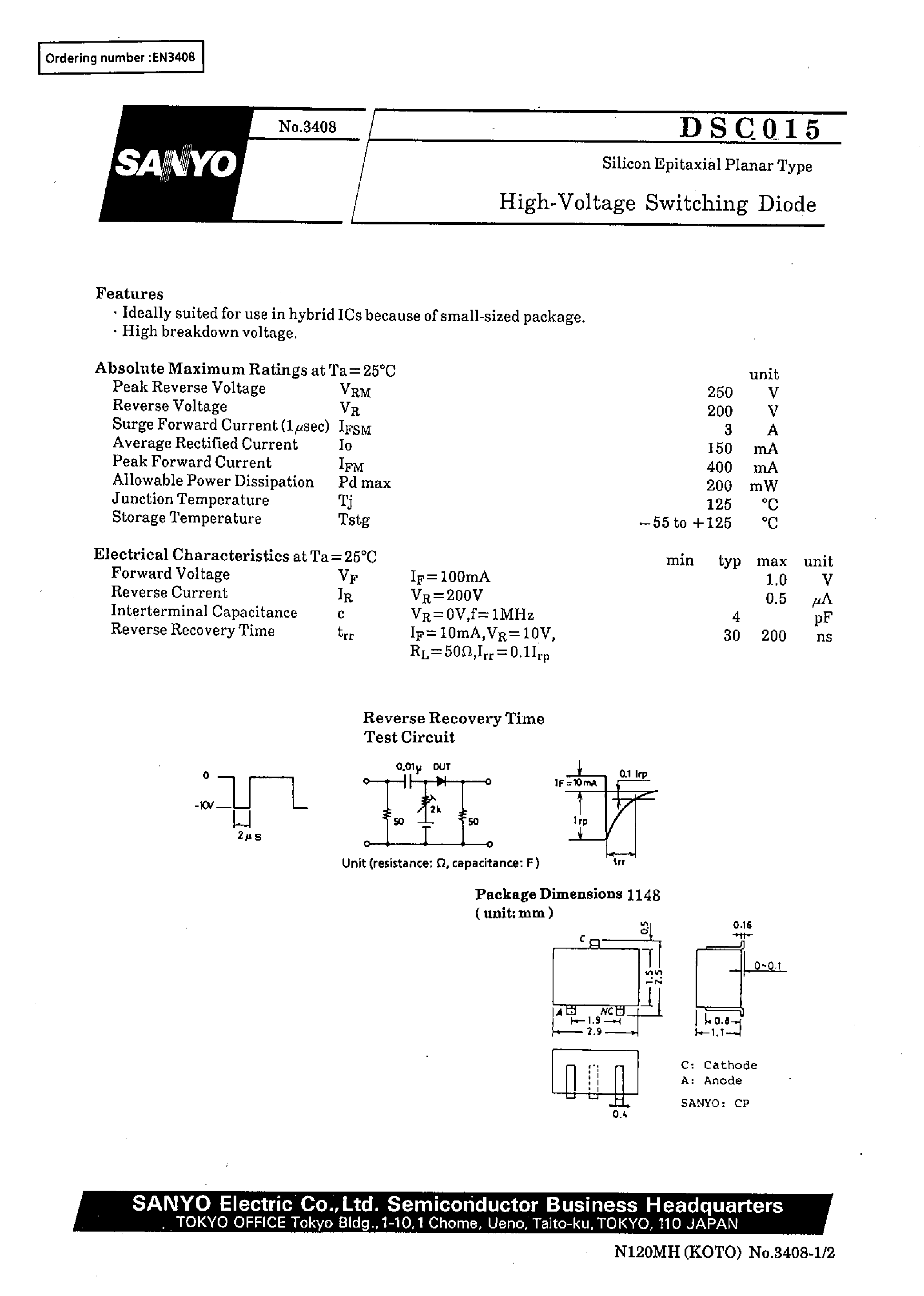 Datasheet DSC015 page 1 Datasheet DSC015 - High-Voltage Switching Diode page 1