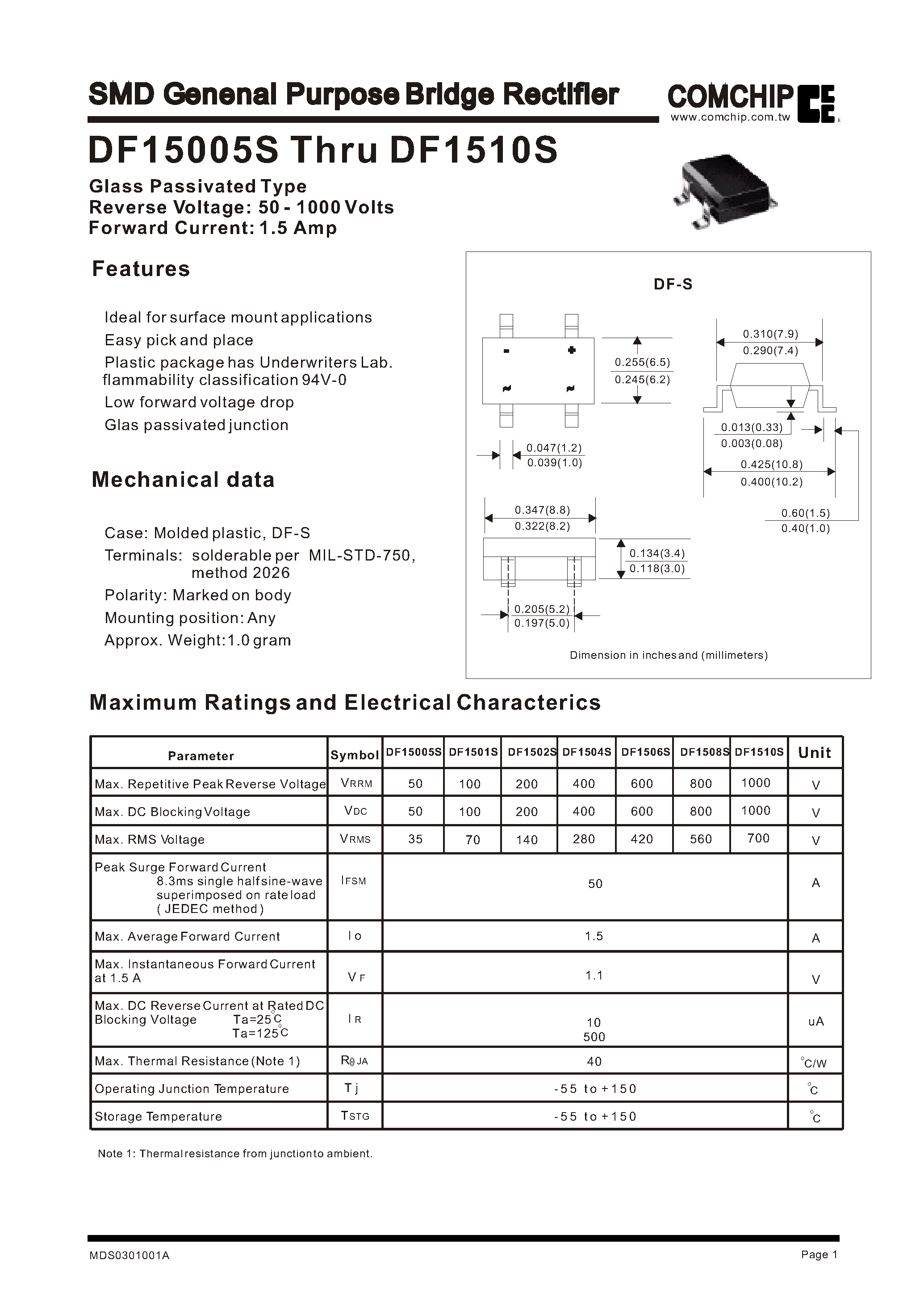 Datasheet DF15005S page 1 Datasheet DF15005S - SMD Genenal Purpose Bridge Rectifier page 1
