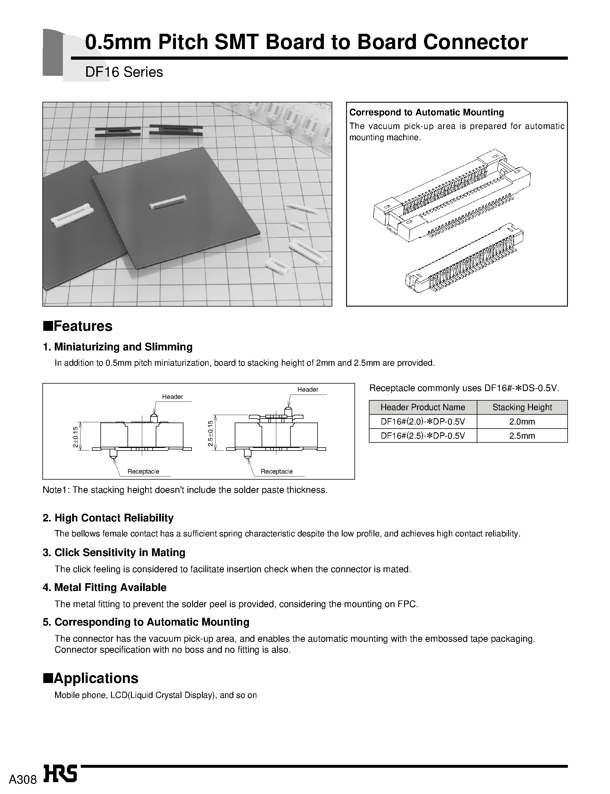 Даташит DF16C-34DP-0.5V - 0.5mm Pitch SMT Board to Board Connector страница 1