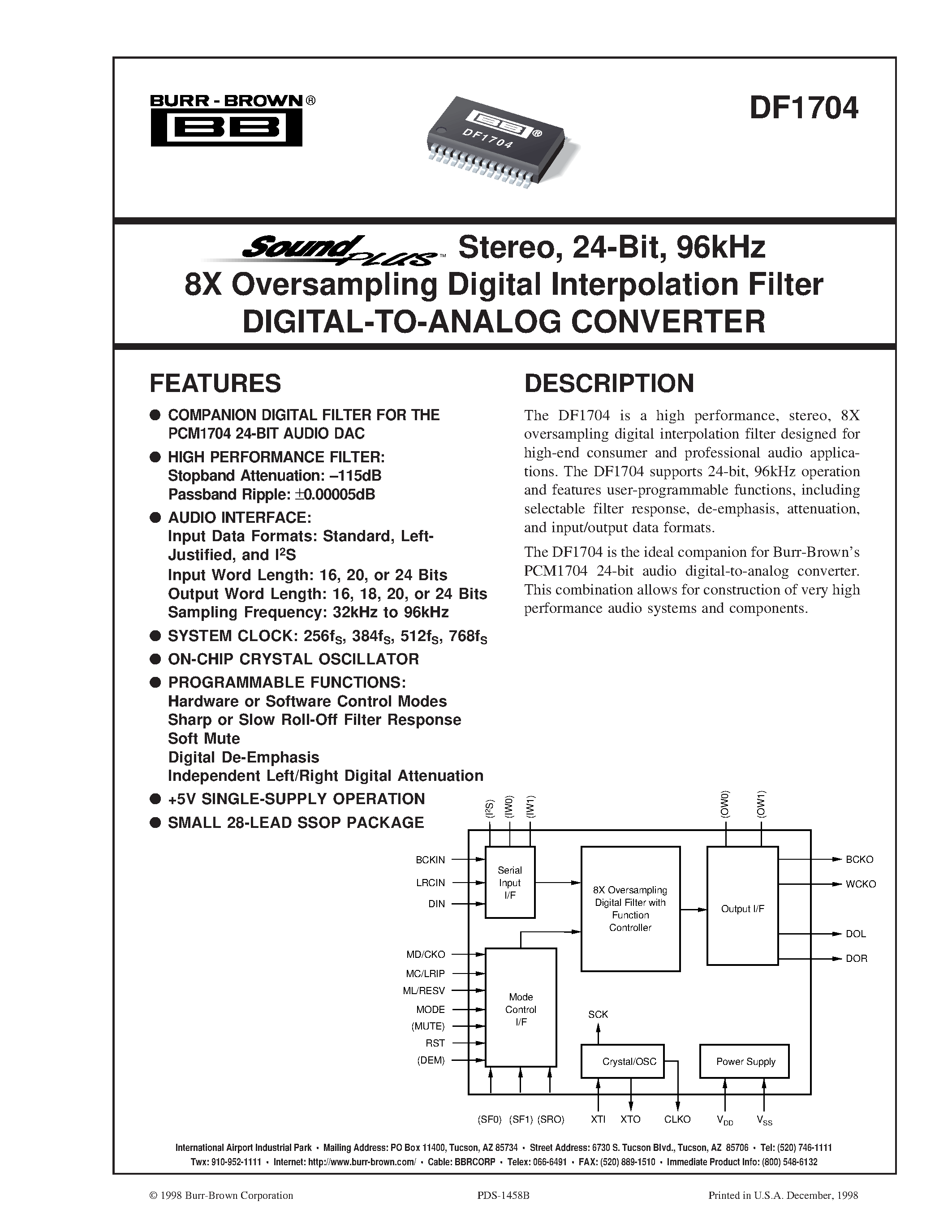 Даташит DF1704E - Stereo/ 24-Bit/ 96kHz 8X Oversampling Digital Interpolation Filter DIGITAL-TO-ANALOG CONVERTER страница 1