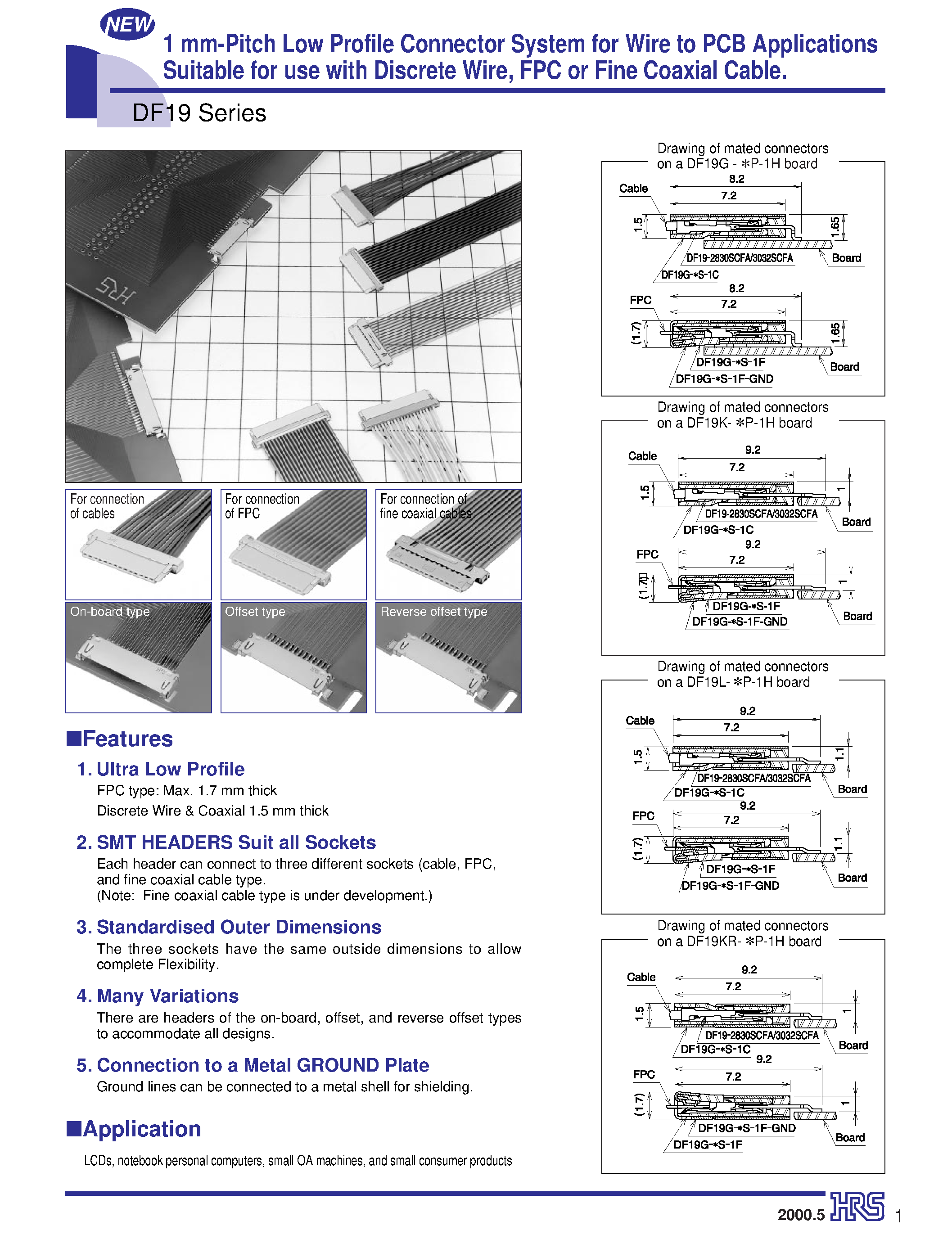 Datasheet DF19G-14S-1H - 1 mm-Pitch Low Profile Connector System for Wire to PCB Applications Suitable for use with Discrete Wire/ FPC or Fine Coaxial Cable page 1