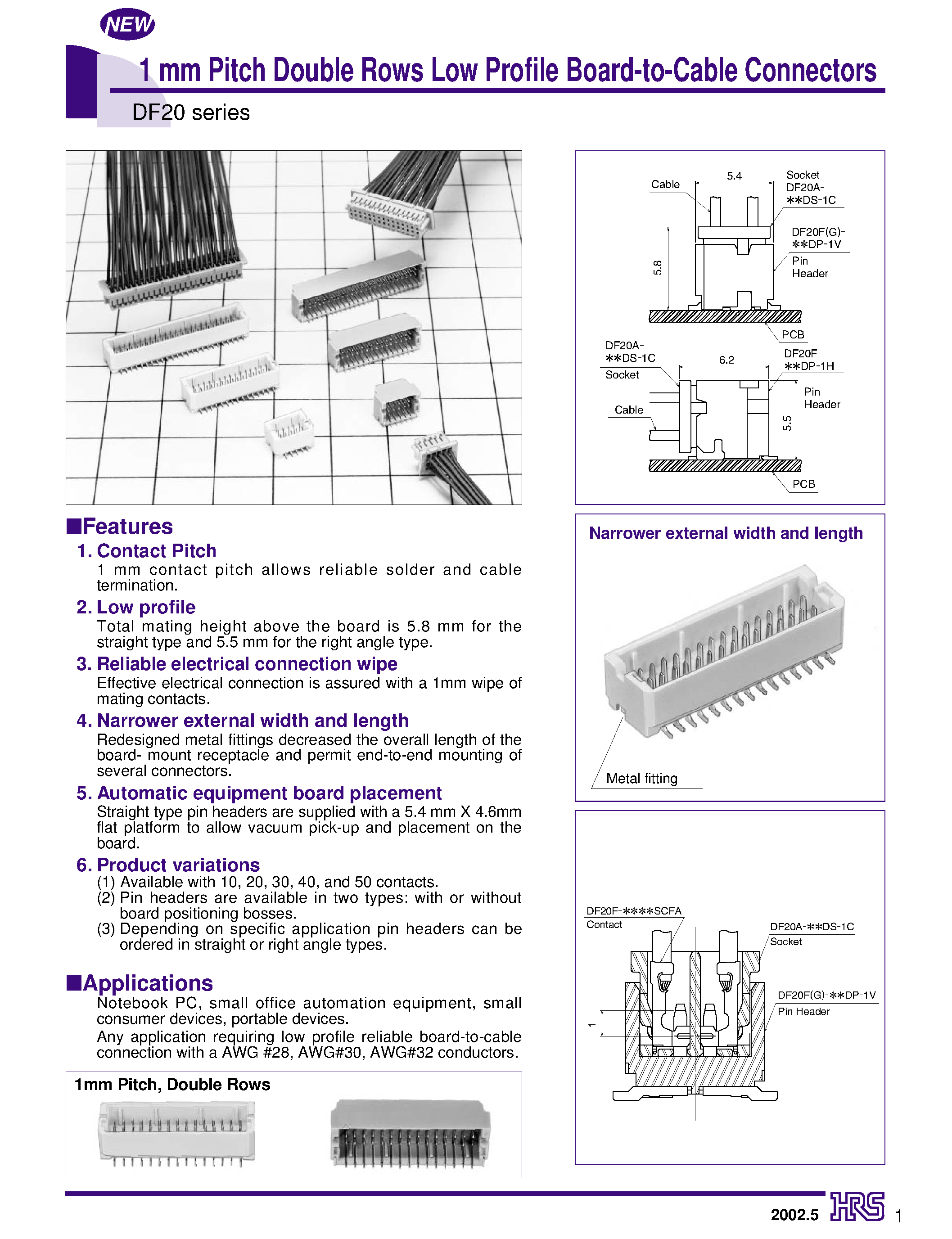 Даташит на микросхему DF20A-30DS-1H страница 1 Даташит DF20A-30DS-1H - 1 mm Pitch Double Rows Low Profile Board-to-Cable Connectors страница 1