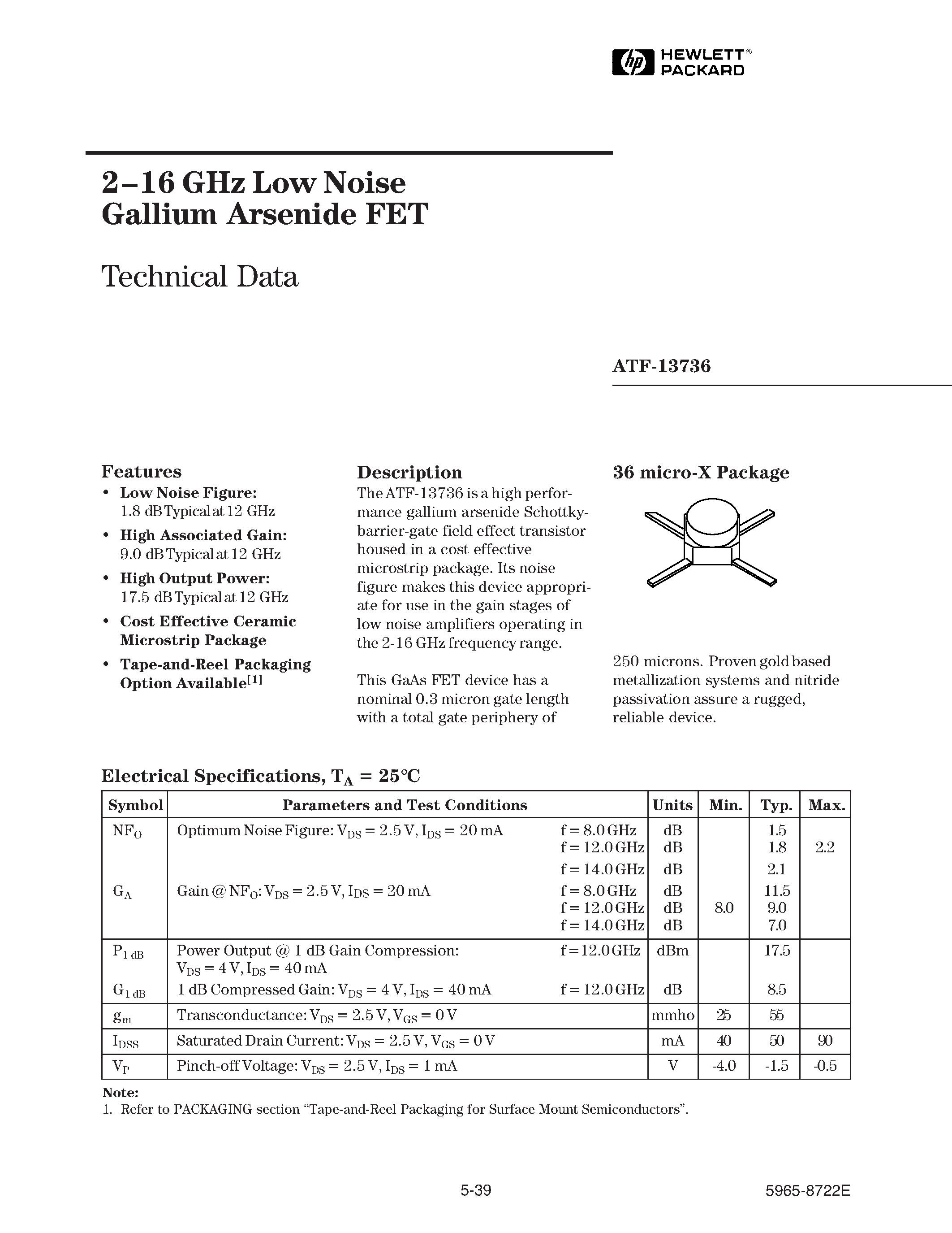 Даташит ATF-13736-TR1 - 2-16 GHz Low Noise Gallium Arsenide FET страница 1