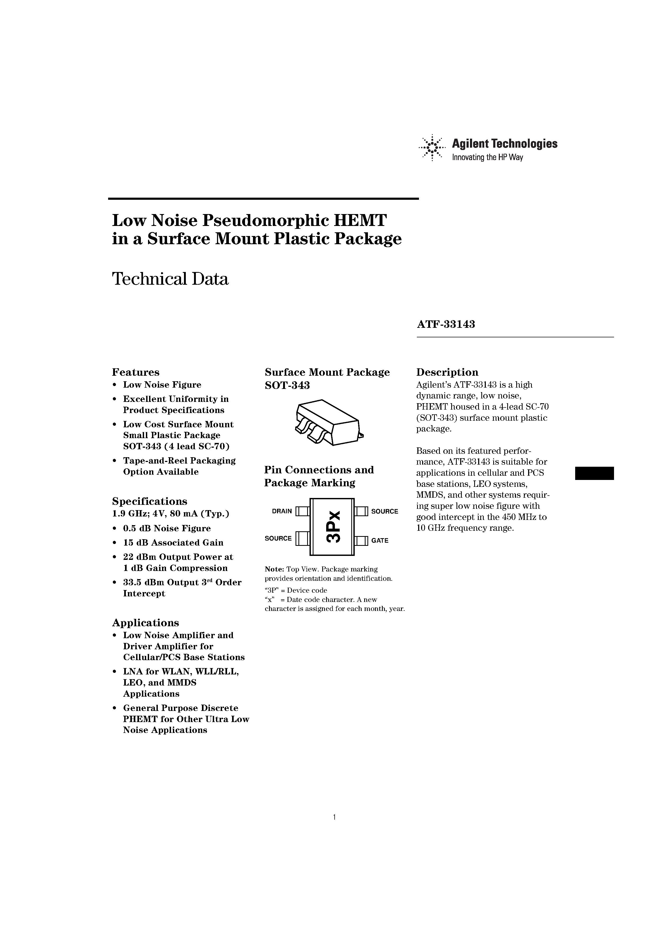 Datasheet ATF-33143-TR2 - Low Noise Pseudomorphic HEMT in a Surface Mount Plastic Package page 1