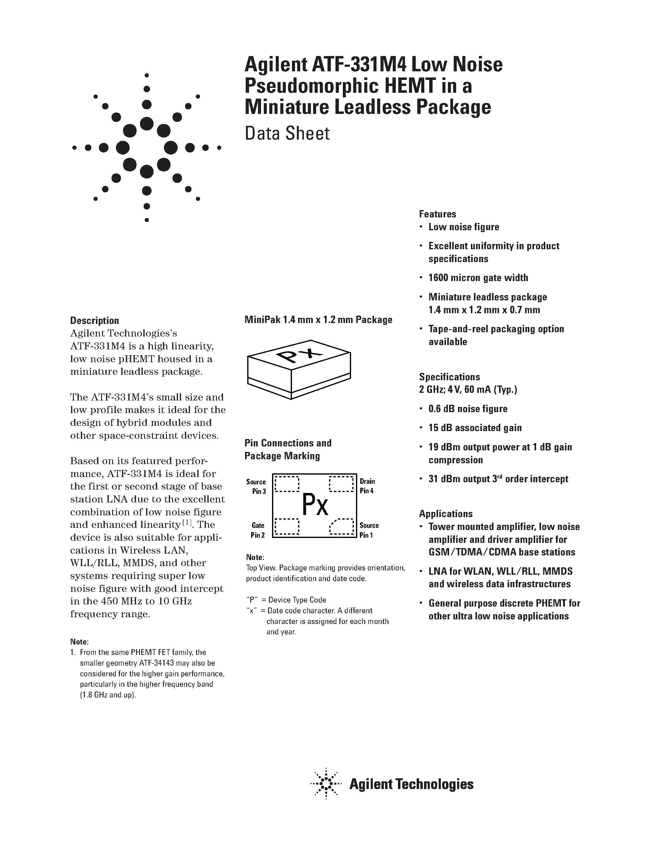 Datasheet ATF-331M4-BLK - Agilent ATF-331M4 Low Noise Pseudomorphic HEMT in a Miniature Leadless Package page 1