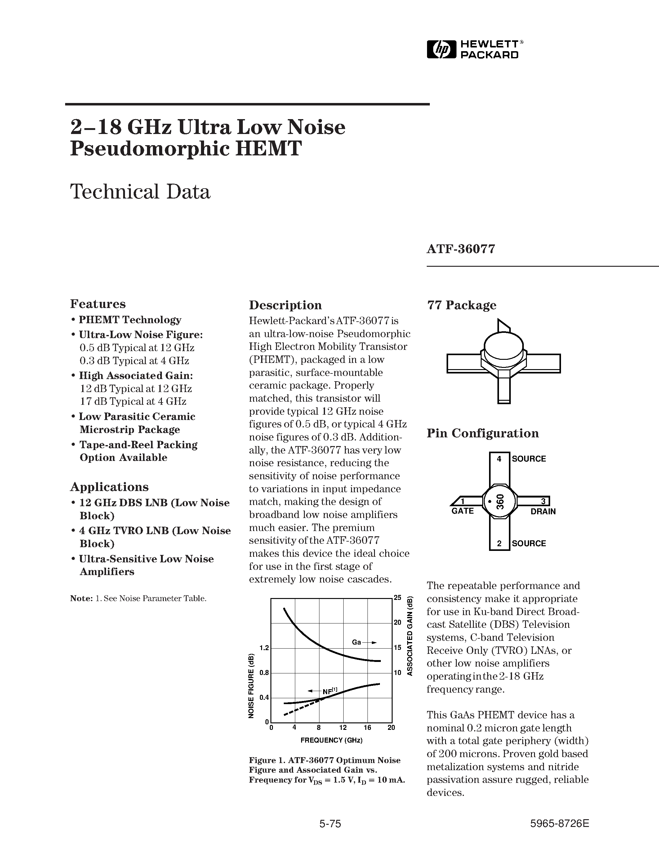 Даташит ATF-36077 - 2-18 GHz Ultra Low Noise Pseudomorphic HEMT страница 1