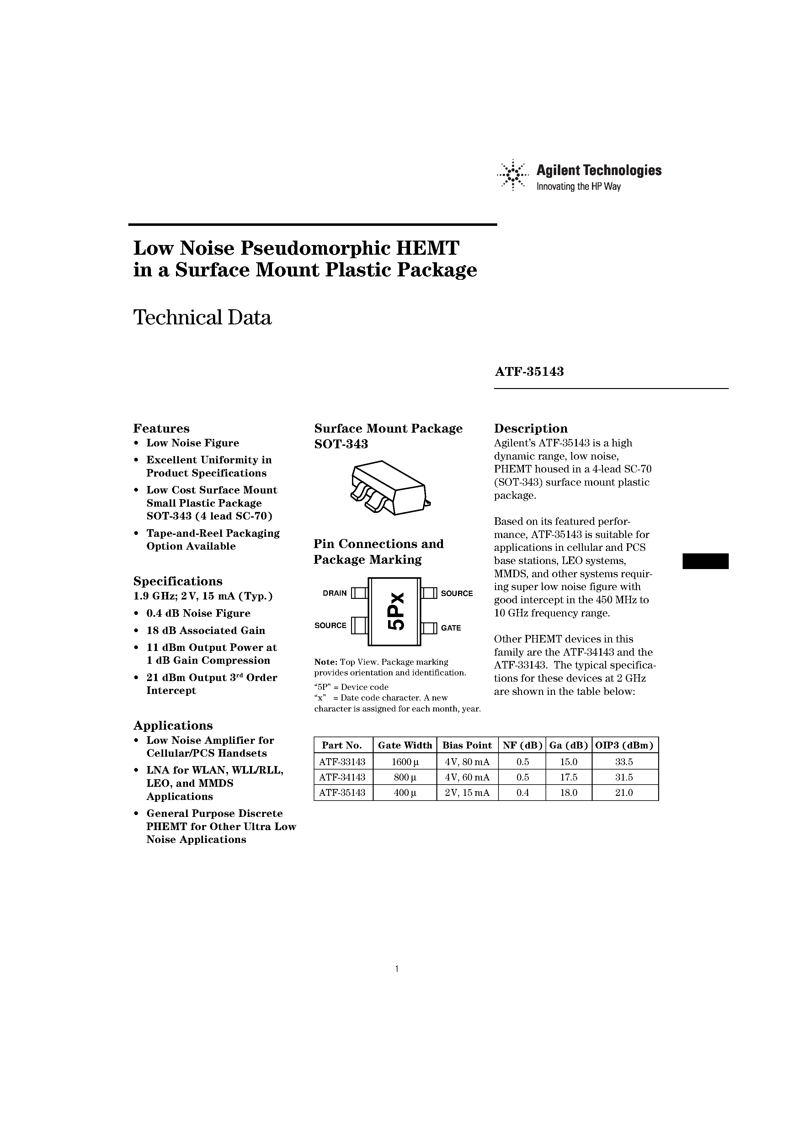 Datasheet ATF35143 - Low Noise Pseudomorphic HEMT in a Surface Mount Plastic Package page 1