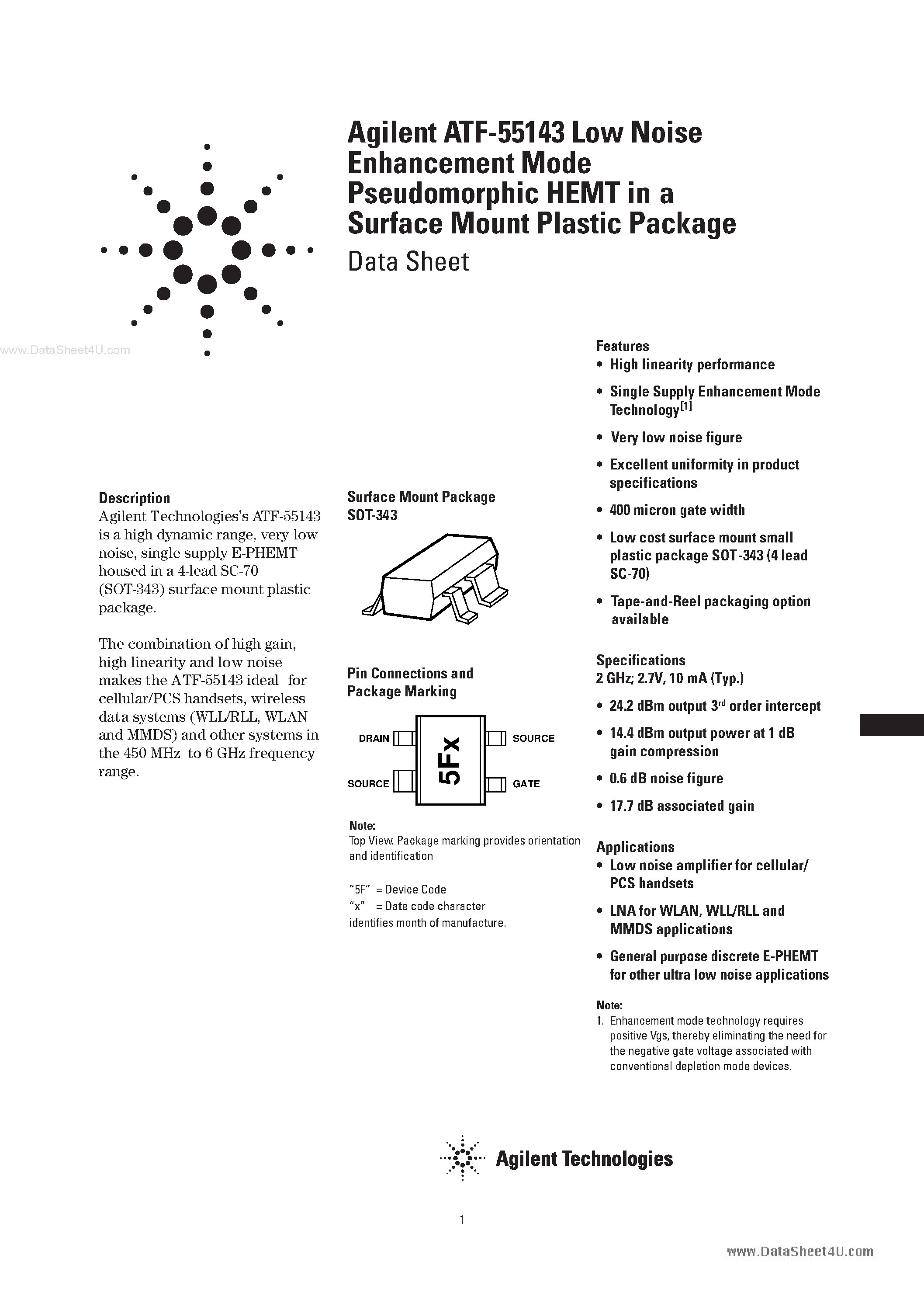 Datasheet ATF55143 - Agilent ATF-55143 Low Noise Enhancement Mode Pseudomorphic HEMT in a Surface Mount Plastic Package page 1