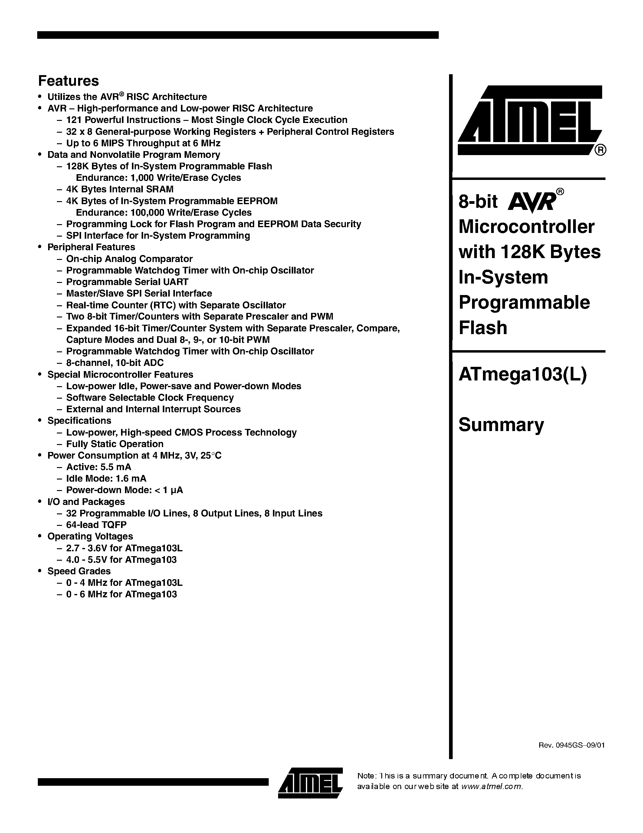 Даташит ATMEGA103-6AC - 8-Bit Microcontroller with 64K/128K Bytes In-System Programmable Flash страница 1