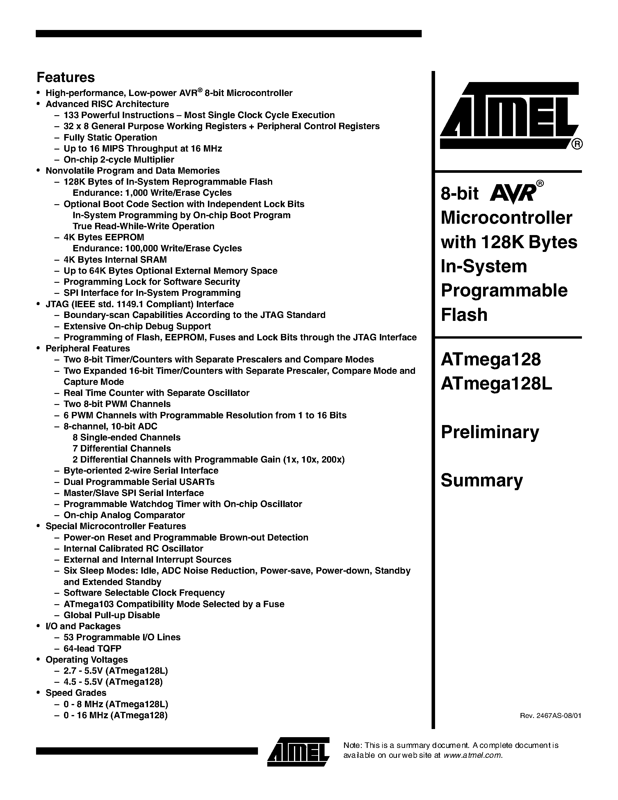 Даташит на микросхему ATMEGA12816A страница 1 Даташит ATMEGA12816A - 8-bit Microcontroller with 128K Bytes In-System Programmable Flash страница 1