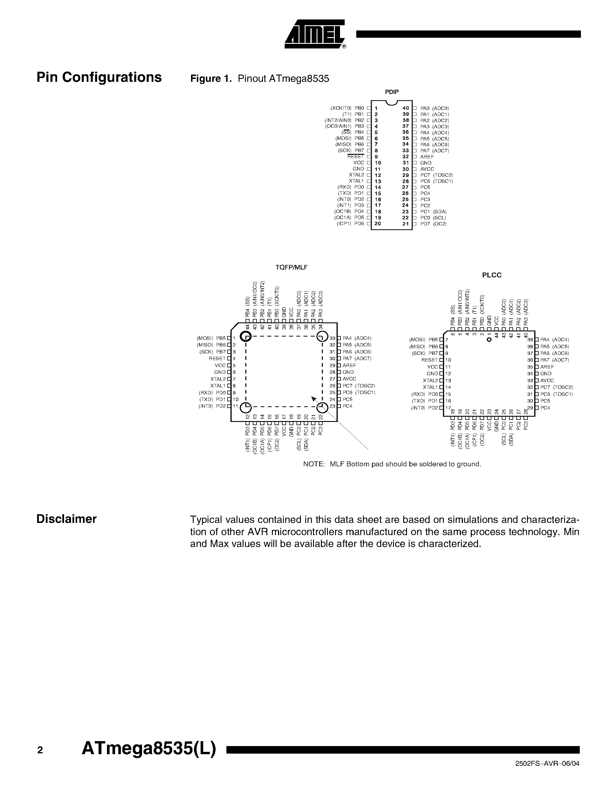 Даташит ATmega8535-16PI - 8-bit AVR Microcontroller with 8K Bytes In-System Programmable Flash страница 2