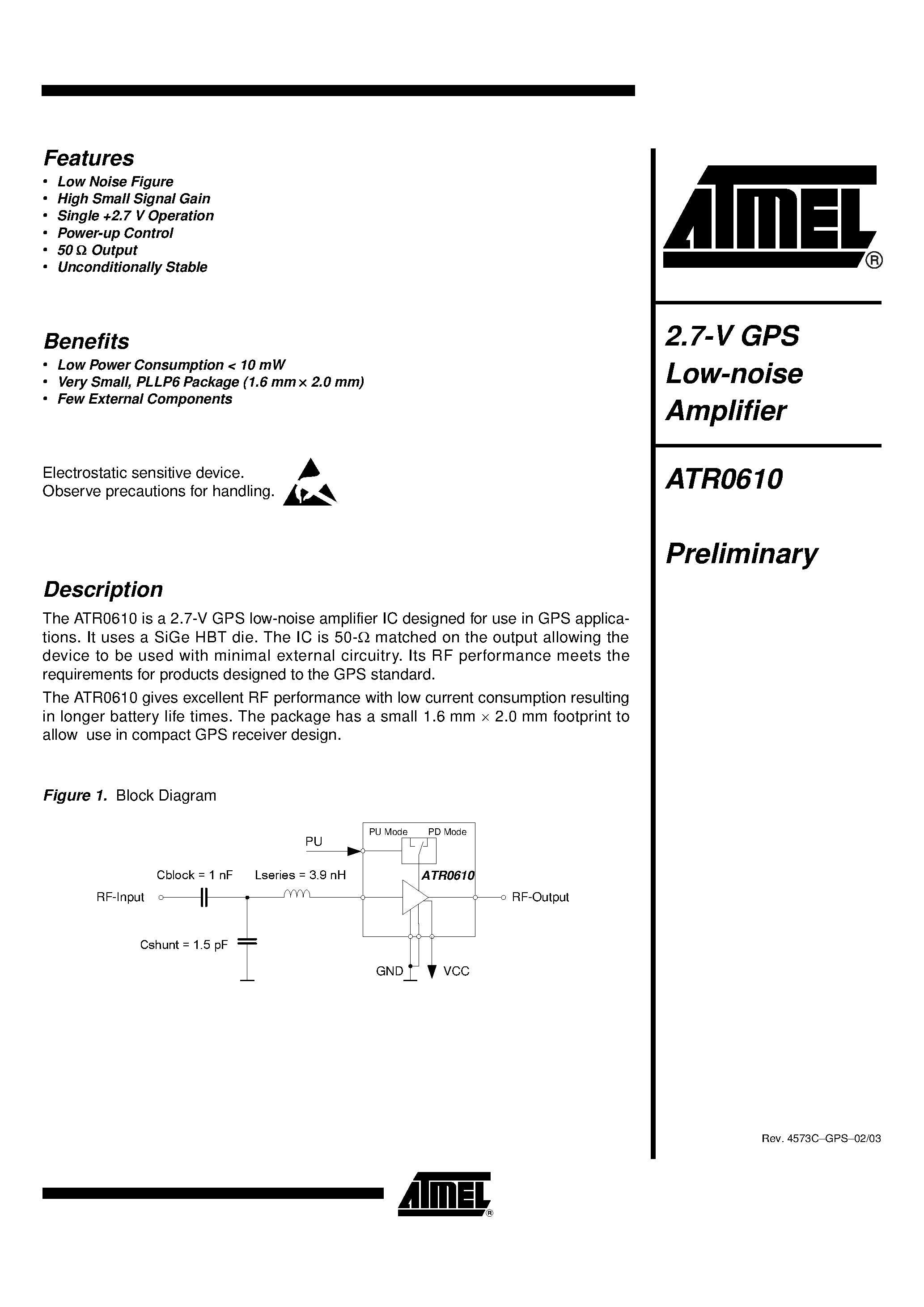 Datasheet ATR0610 - 2.7 V GPS LOW NOISE AMPLIFIER page 1