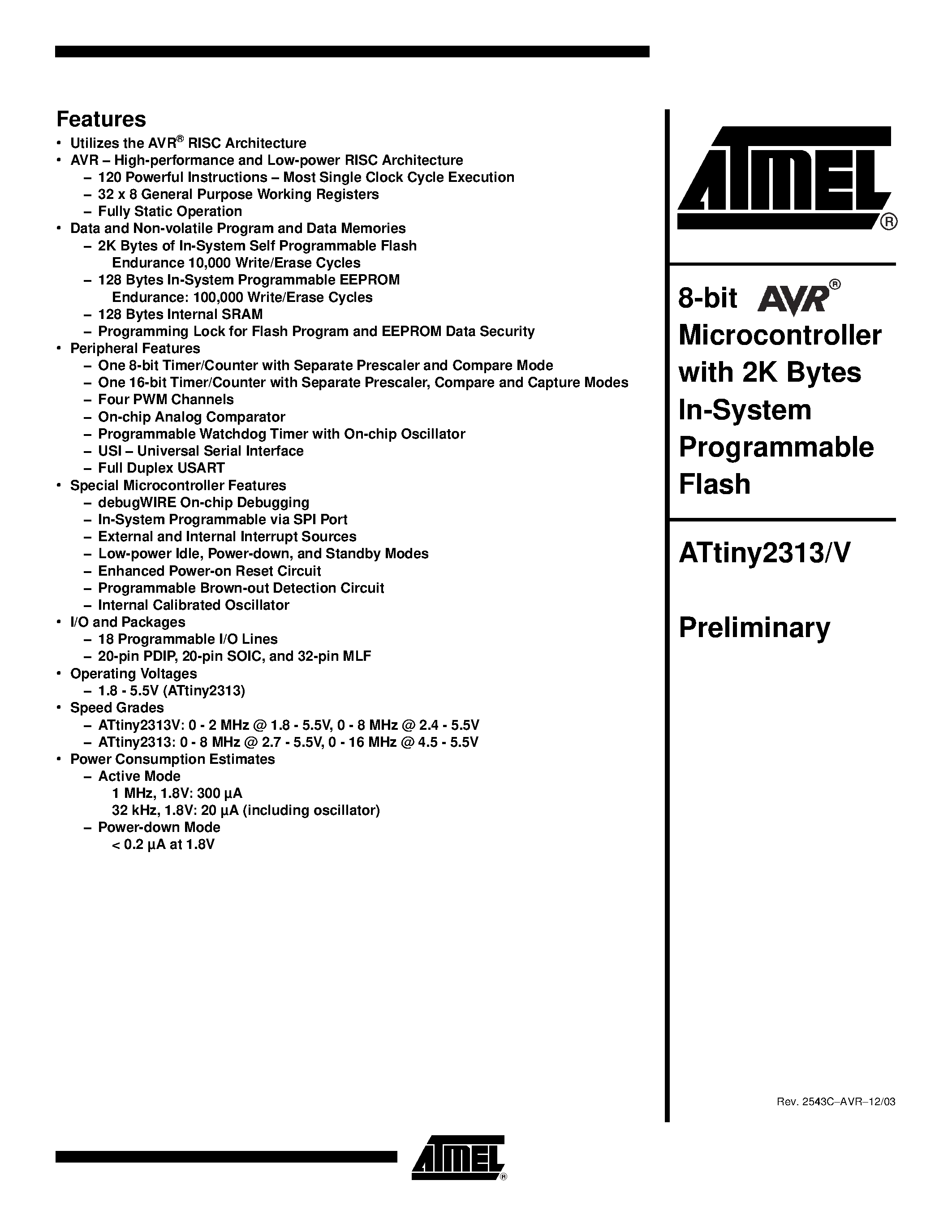 Даташит ATtiny2313V-8MJ - 8-bit AVR Microcontroller with 2K Bytes In-System Programmable Flash страница 1
