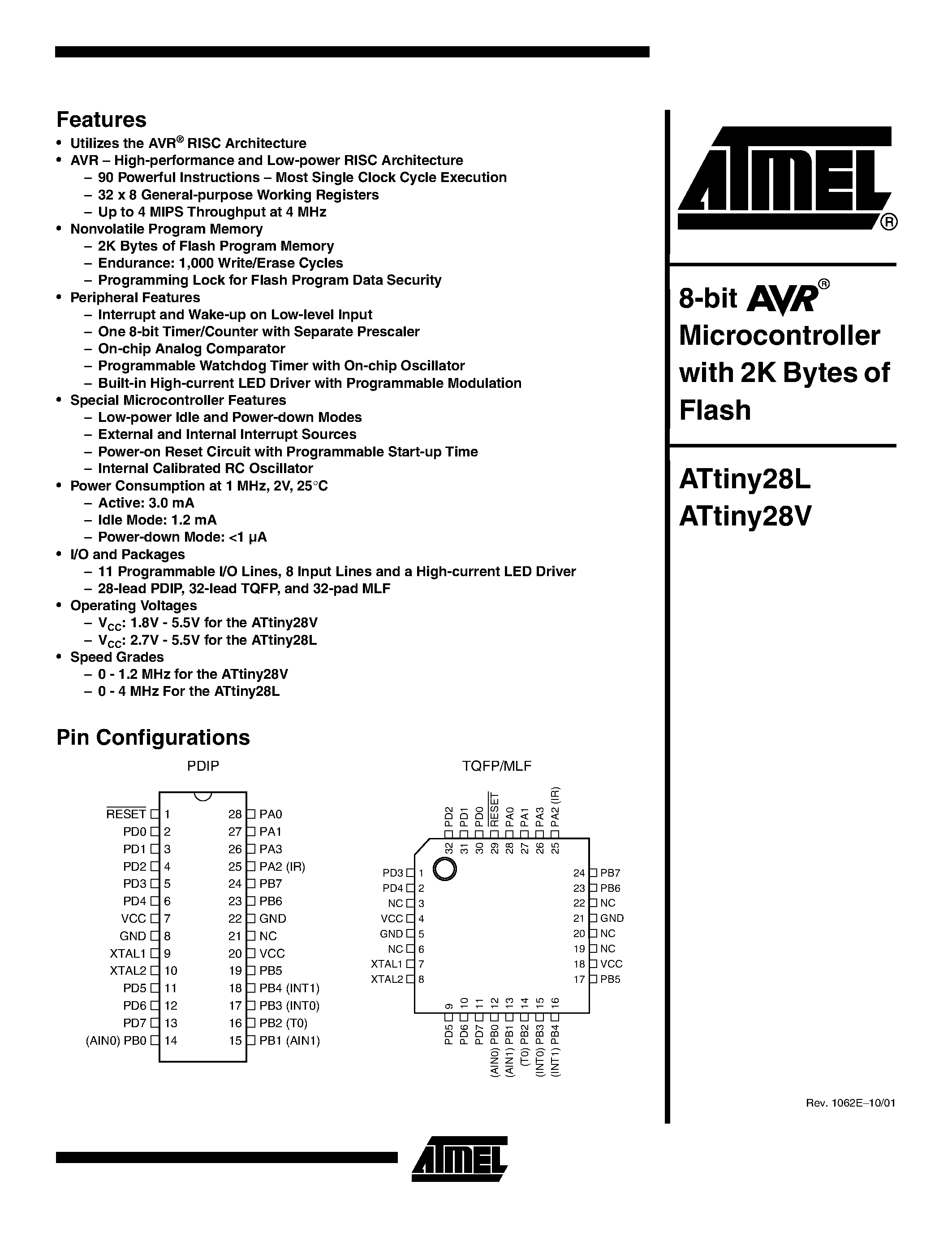 Даташит ATtiny28L-4PI - 8-bit AVR Microcontroller with 2K Bytes of Flash страница 1