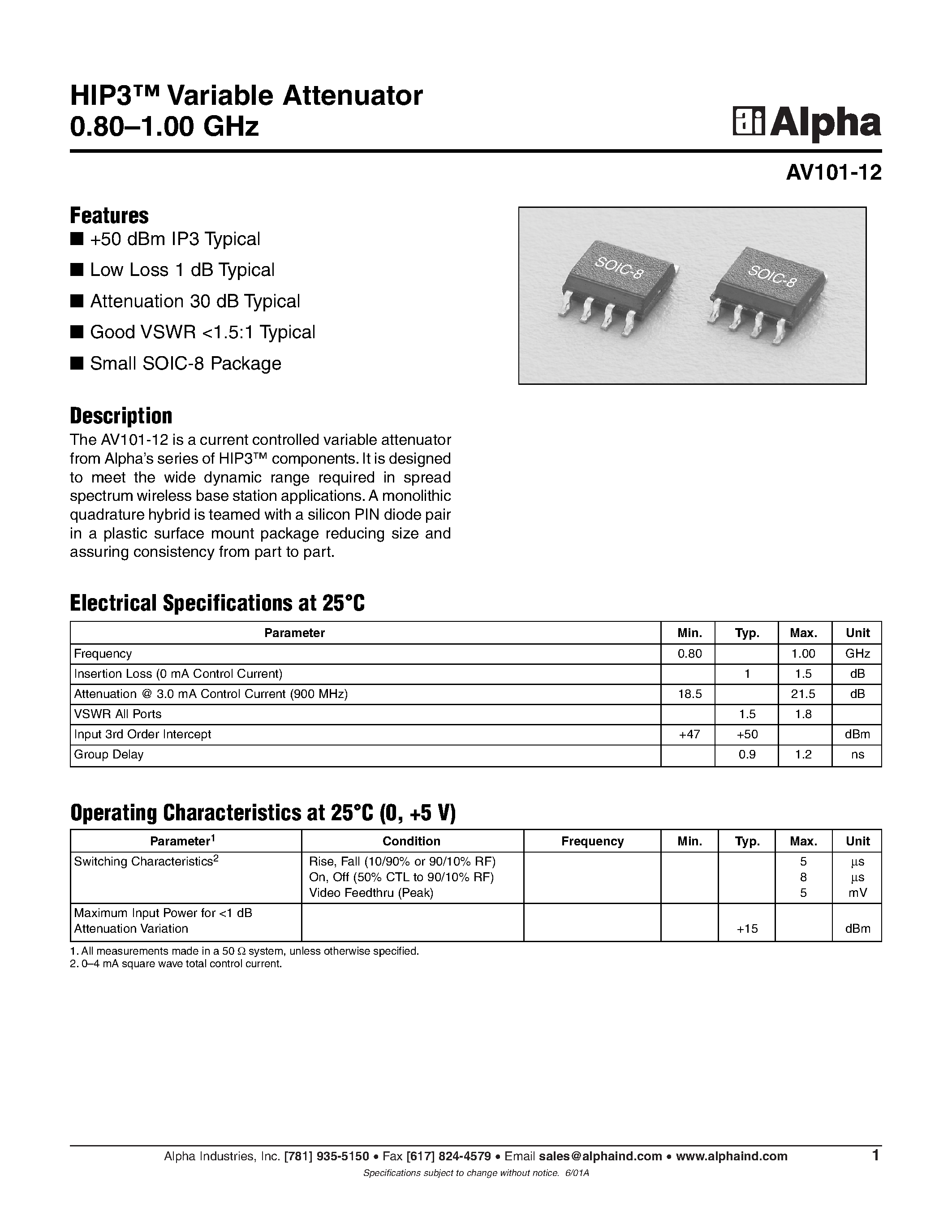 Datasheet AV101-12 page 1 Datasheet AV101-12 - HIP3 Variable Attenuator 0.80.1.00 GHz page 1