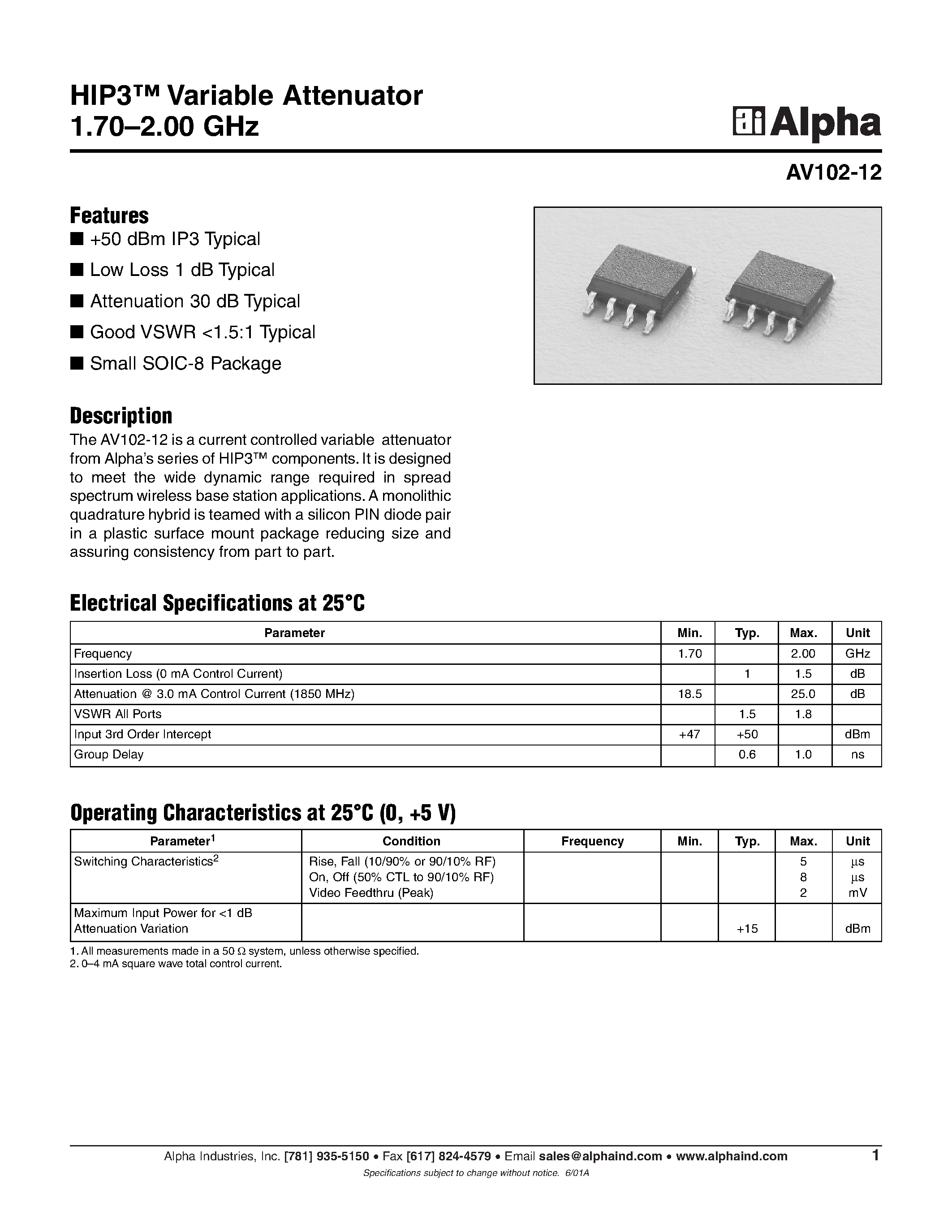 Datasheet AV102-12 page 1 Datasheet AV102-12 - HIP3 Variable Attenuator 1.70.2.00 GHz page 1