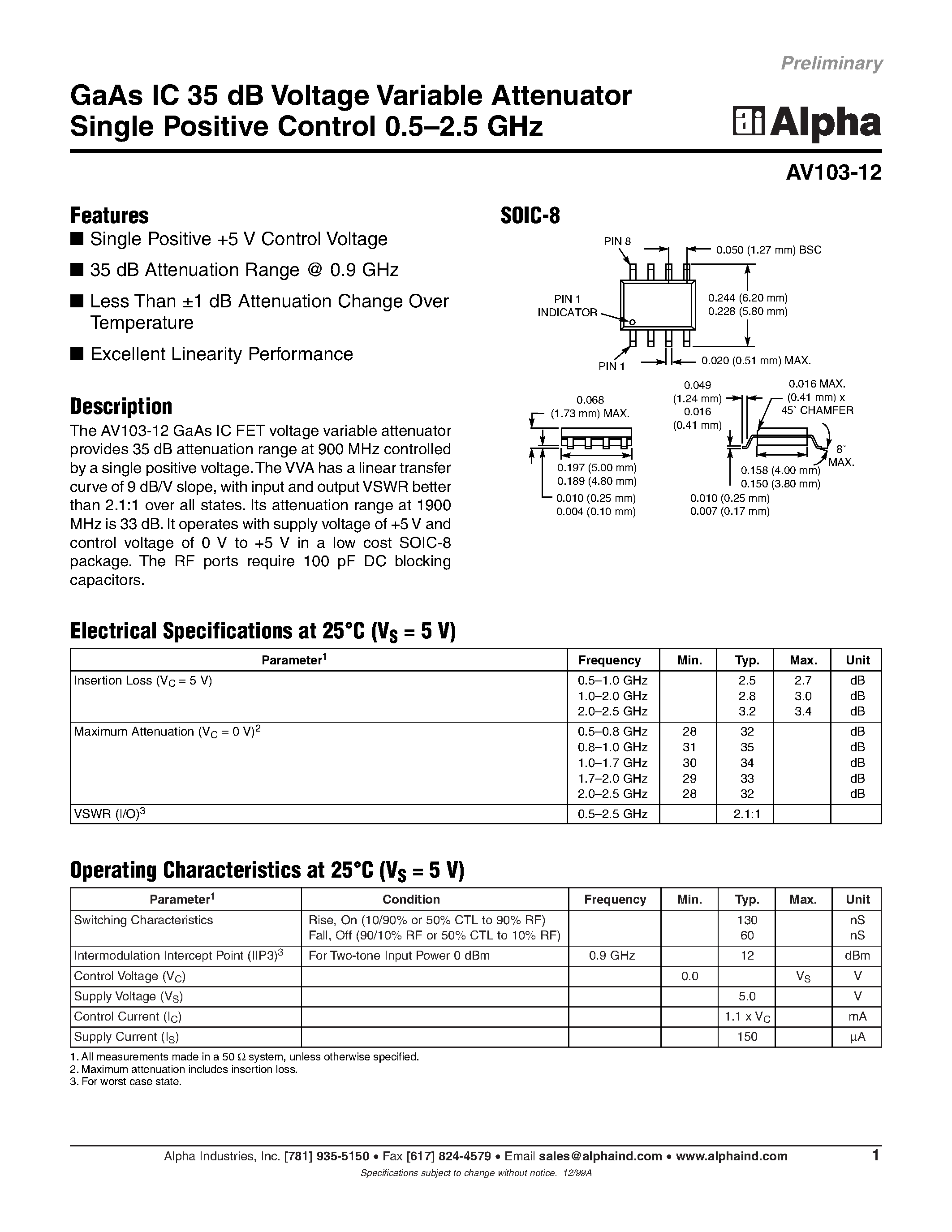 Datasheet AV103-12 - GaAs IC 35 dB Voltage Variable Attenuator Single Positive Control 0.5-2.5 GHz page 1