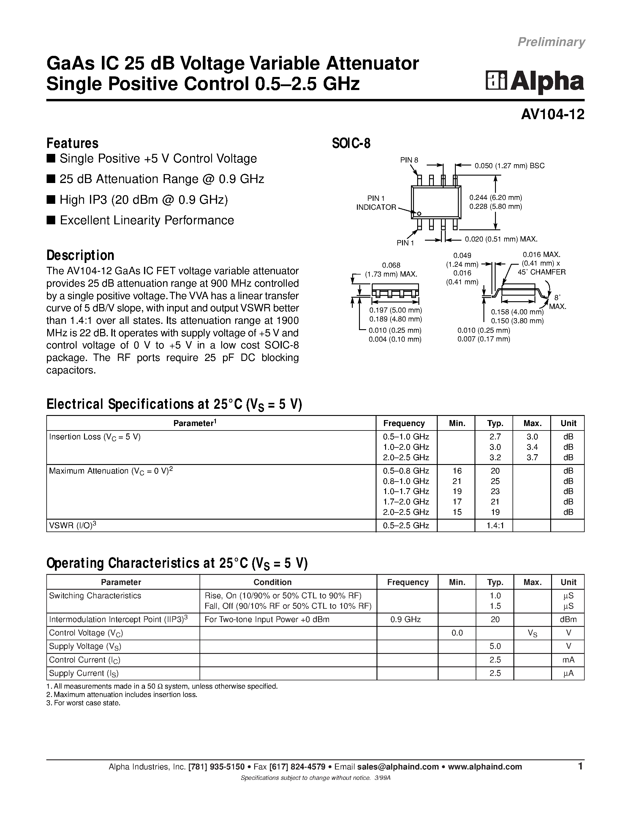 Datasheet AV104-12 - GaAs IC 25 dB Voltage Variable Attenuator Single Positive Control 0.5-2.5 GHz page 1