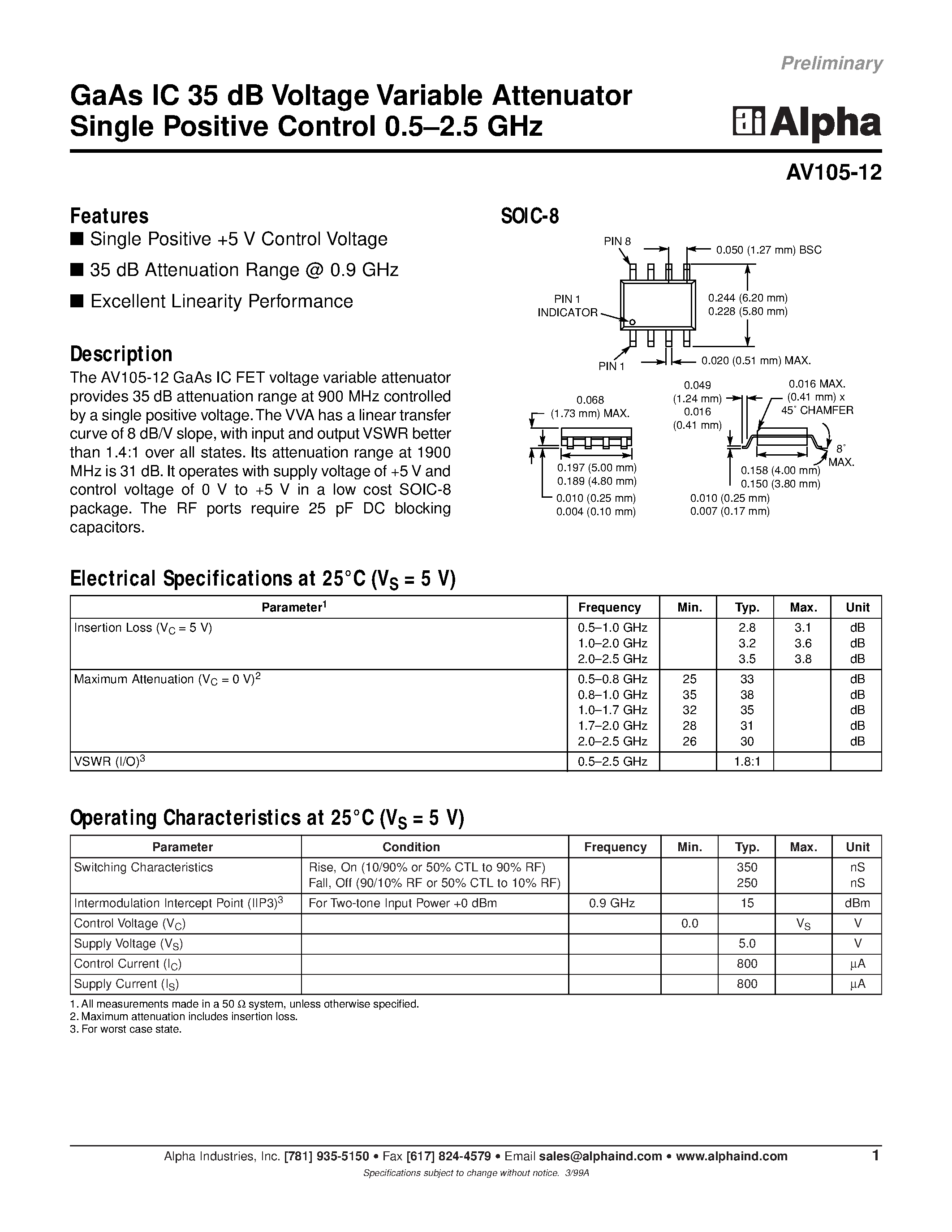 Datasheet AV105-12 - GaAs IC 35 dB Voltage Variable Attenuator Single Positive Control 0.5-2.5 GHz page 1