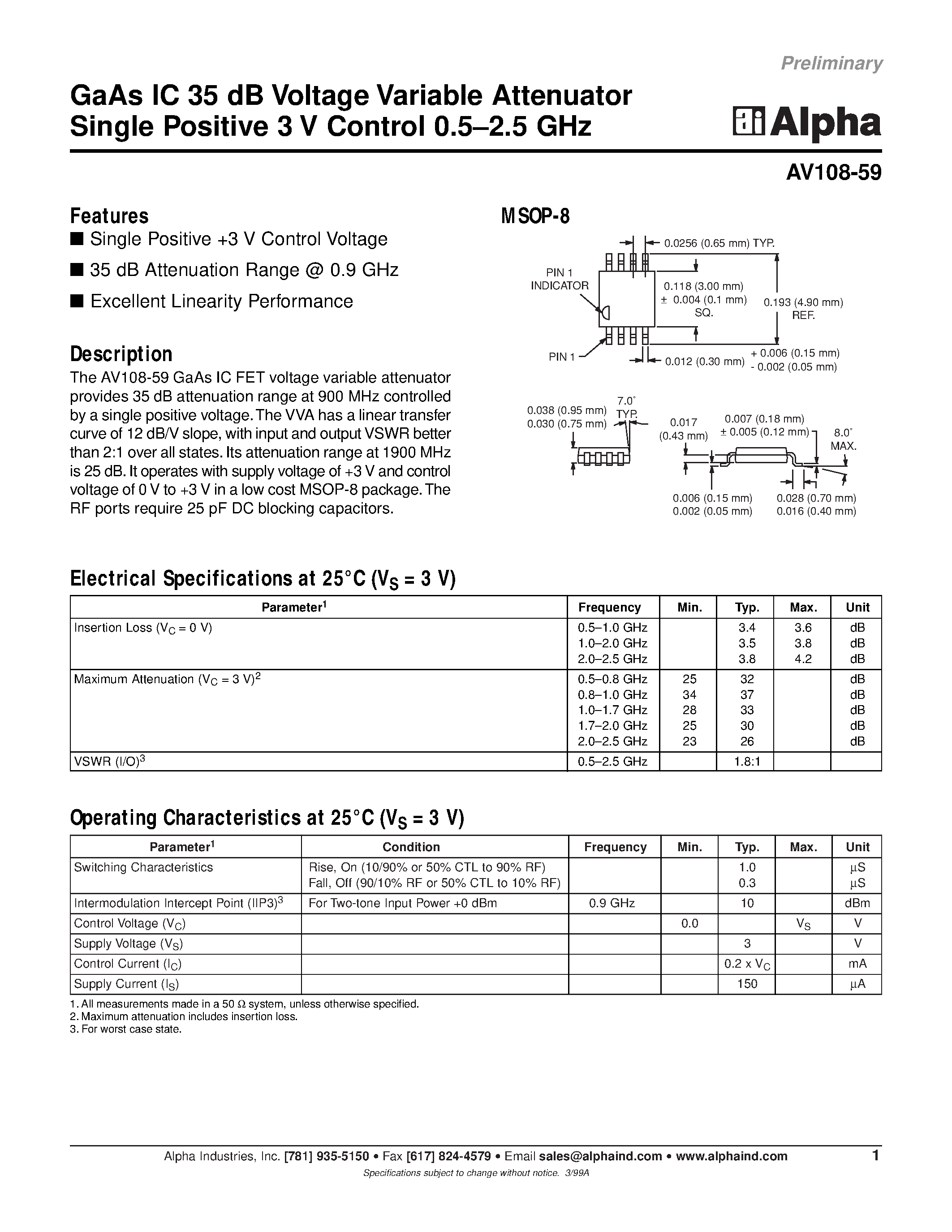 Datasheet AV108-59 - GaAs IC 35 dB Voltage Variable Attenuator Single Positive 3 V Control 0.5-2.5 GHz page 1