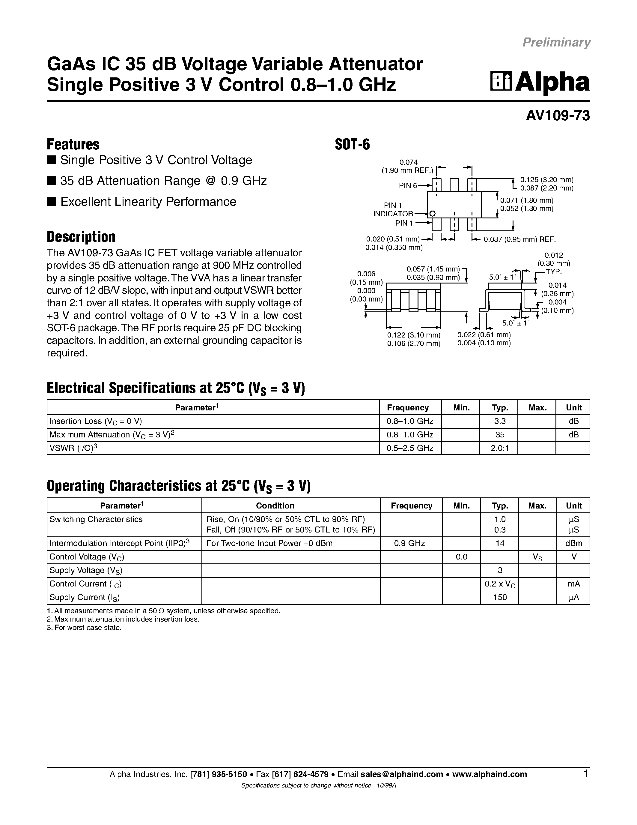 Datasheet AV109-73 - GaAs IC 35 dB Voltage Variable Attenuator Single Positive 3 V Control 0.8-1.0 GHz page 1
