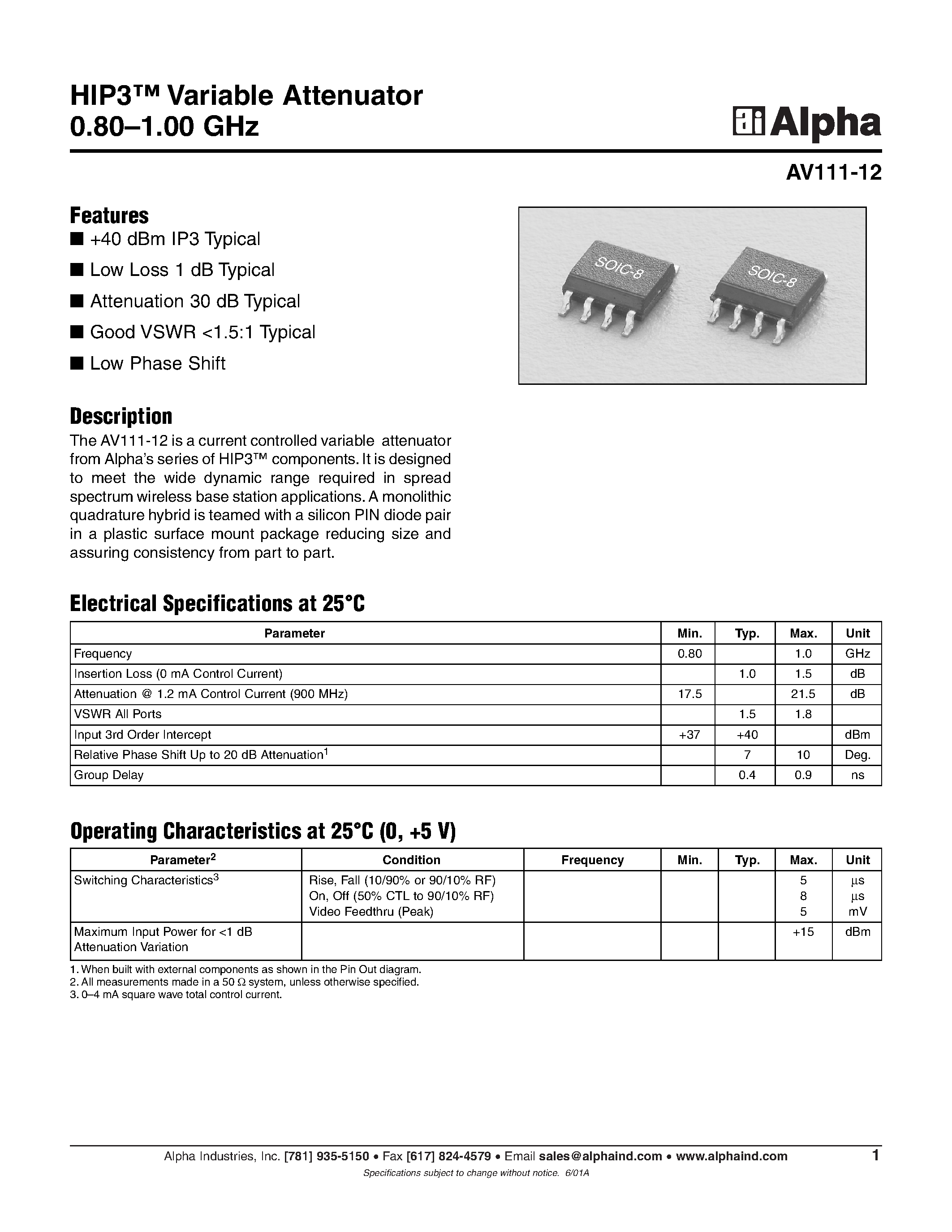 Datasheet AV111-12 - HIP3 Variable Attenuator 0.80-1.00 GHz page 1