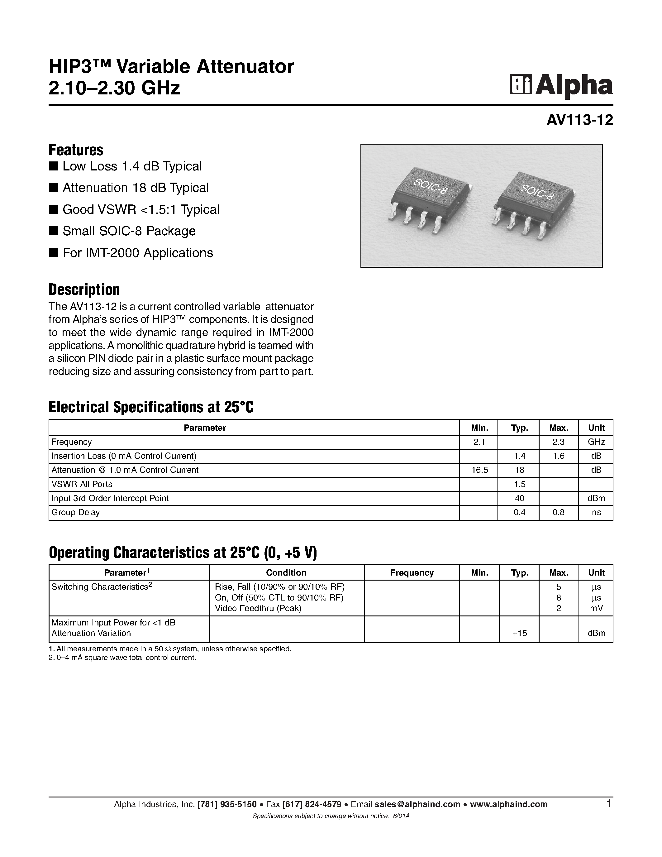Datasheet AV113-12 - HIP3 Variable Attenuator 2.10-2.30 GHz page 1
