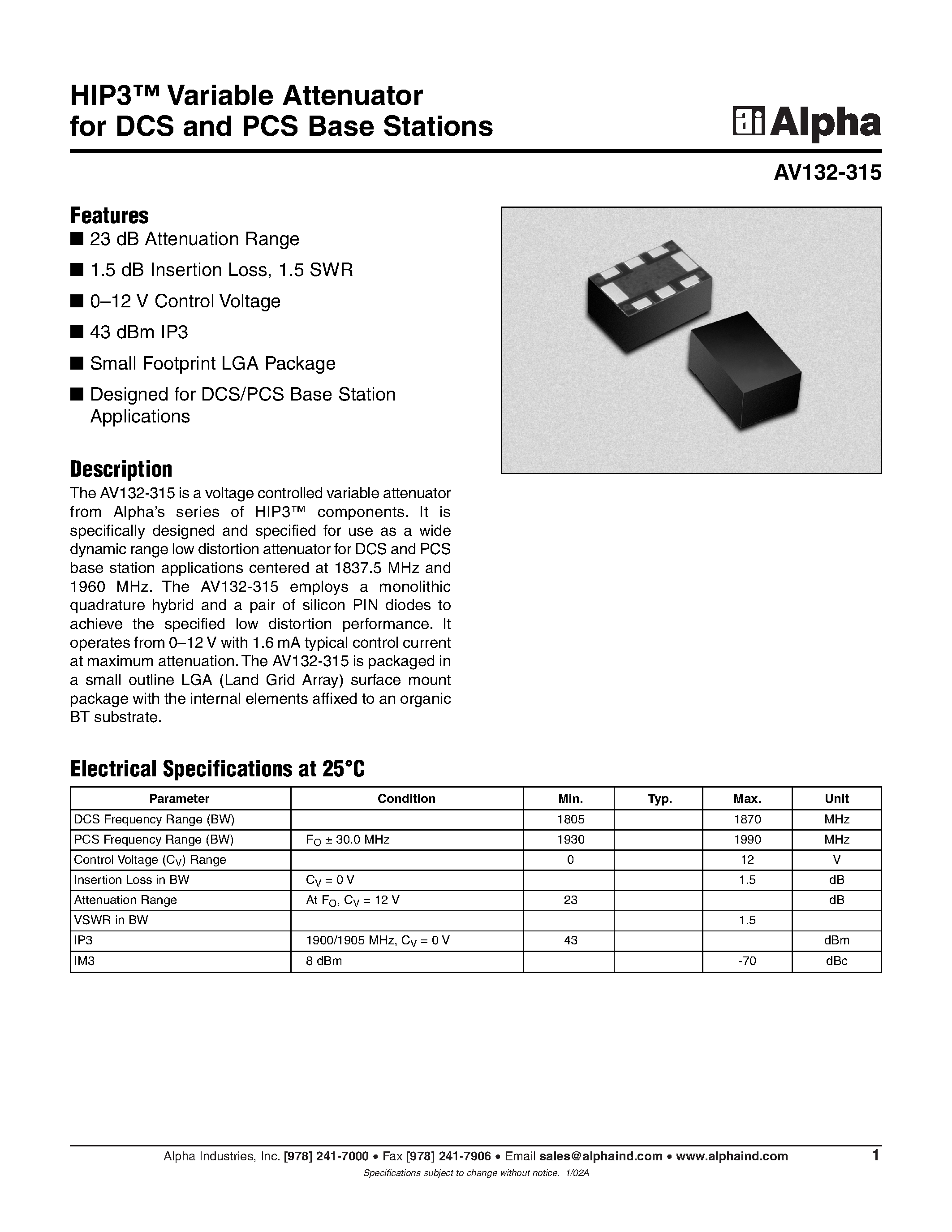Datasheet AV132-315 page 1 Datasheet AV132-315 - HIP3 Variable Attenuator for DCS and PCS Base Stations page 1
