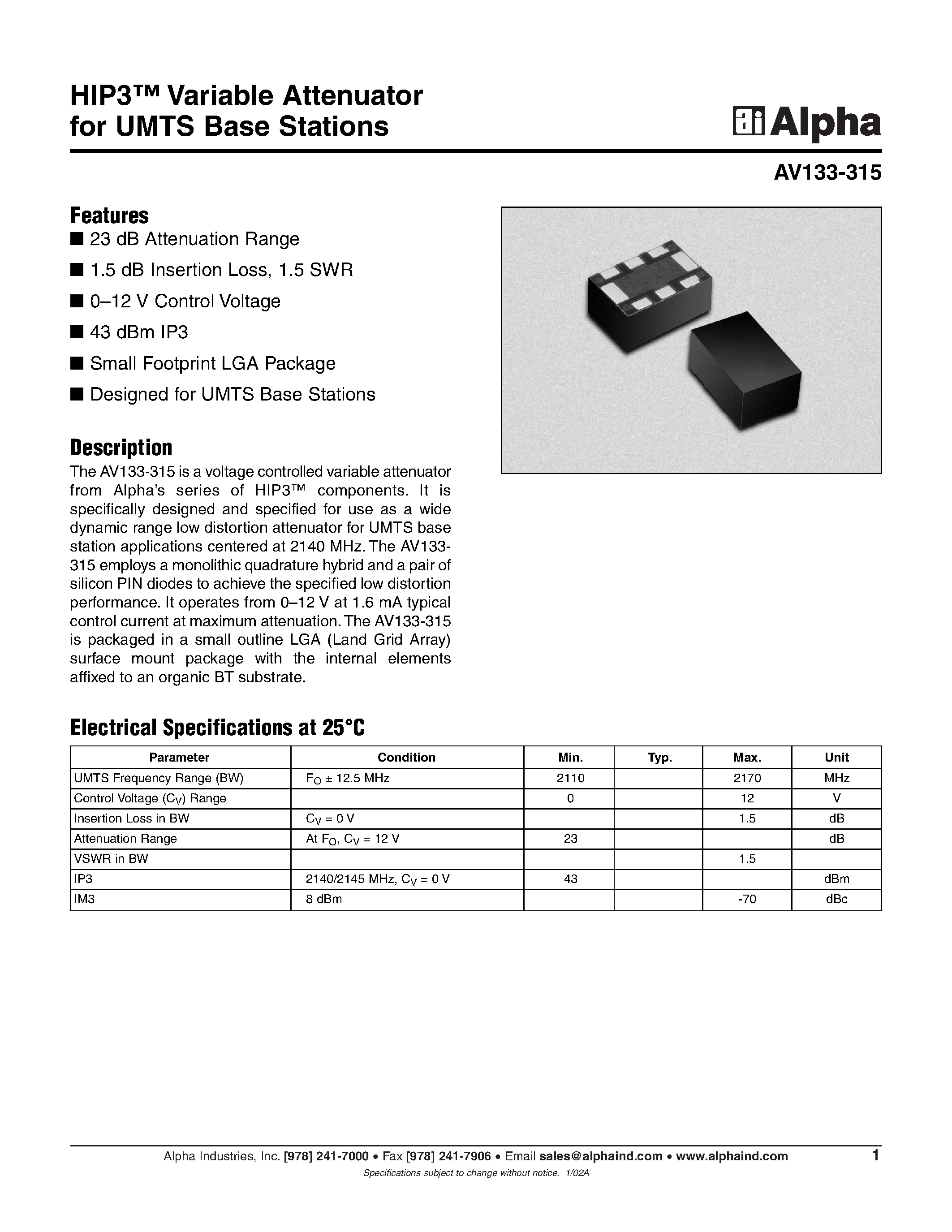 Datasheet AV133-315 page 1 Datasheet AV133-315 - HIP3 Variable Attenuator for UMTS Base Stations page 1