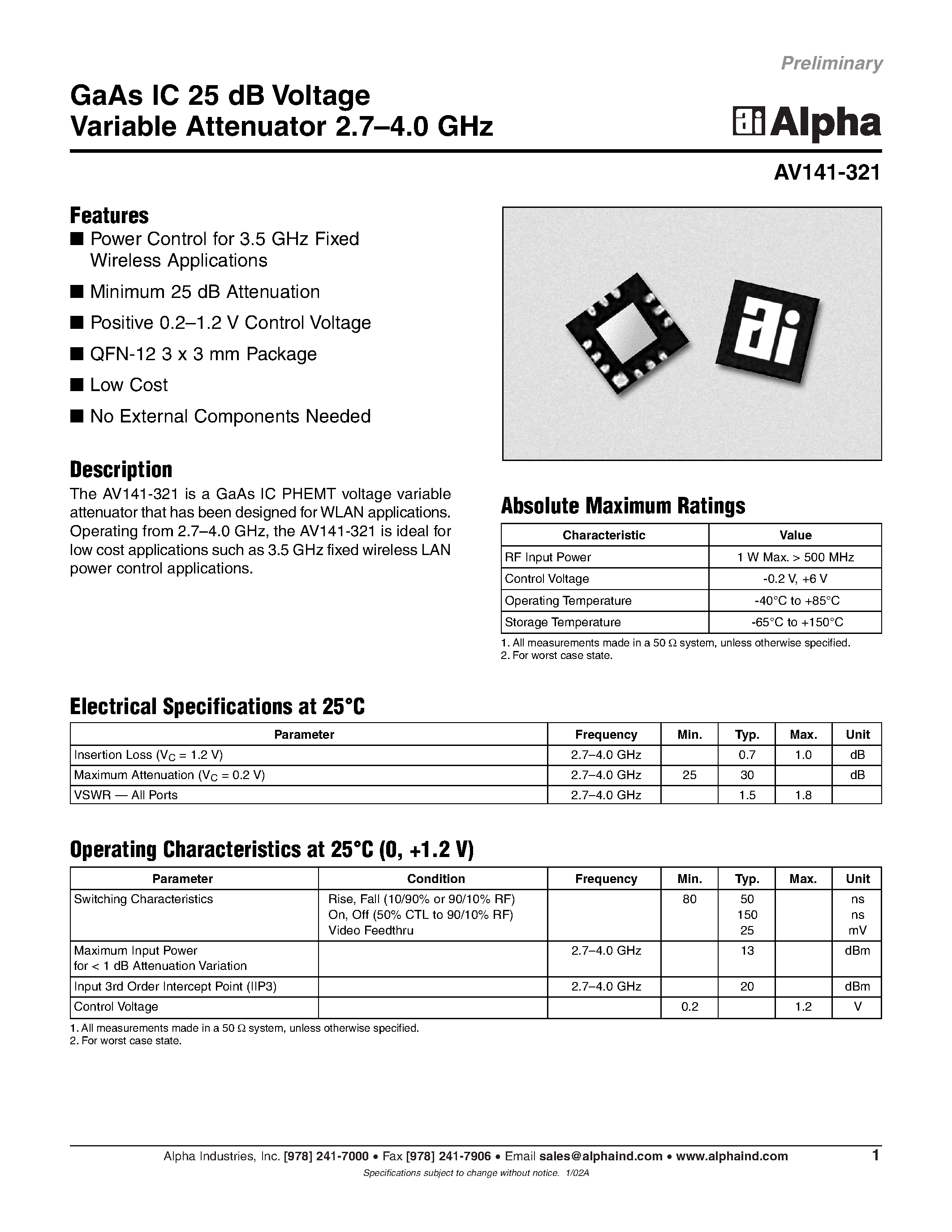 Datasheet AV141-321 page 1 Datasheet AV141-321 - GaAs IC 25 dB Voltage Variable Attenuator 2.7-4.0 GHz page 1