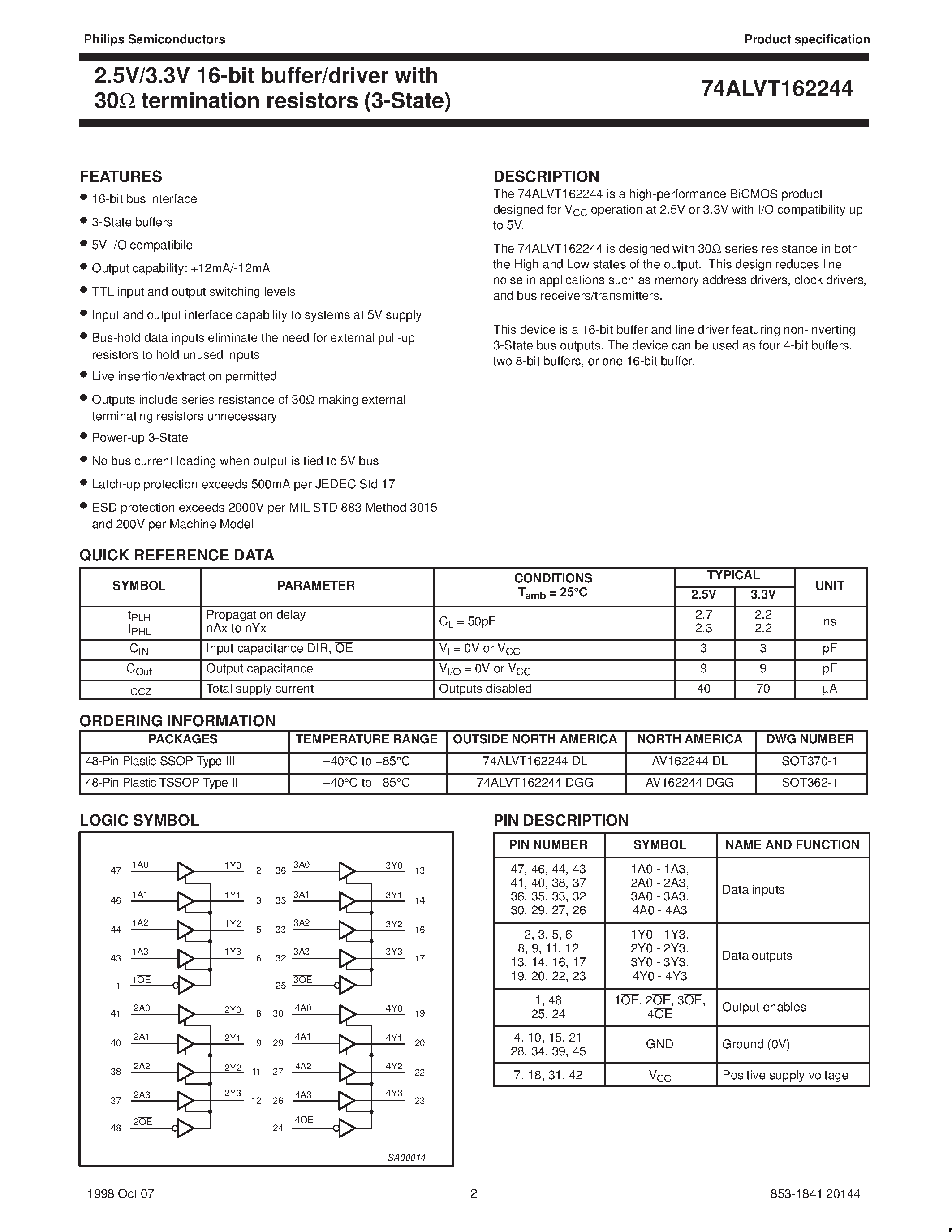 Datasheet AV162244DL - 2.5V/3.3V 16-bit buffer/driver with 30ohm termination resistors 3-State page 2