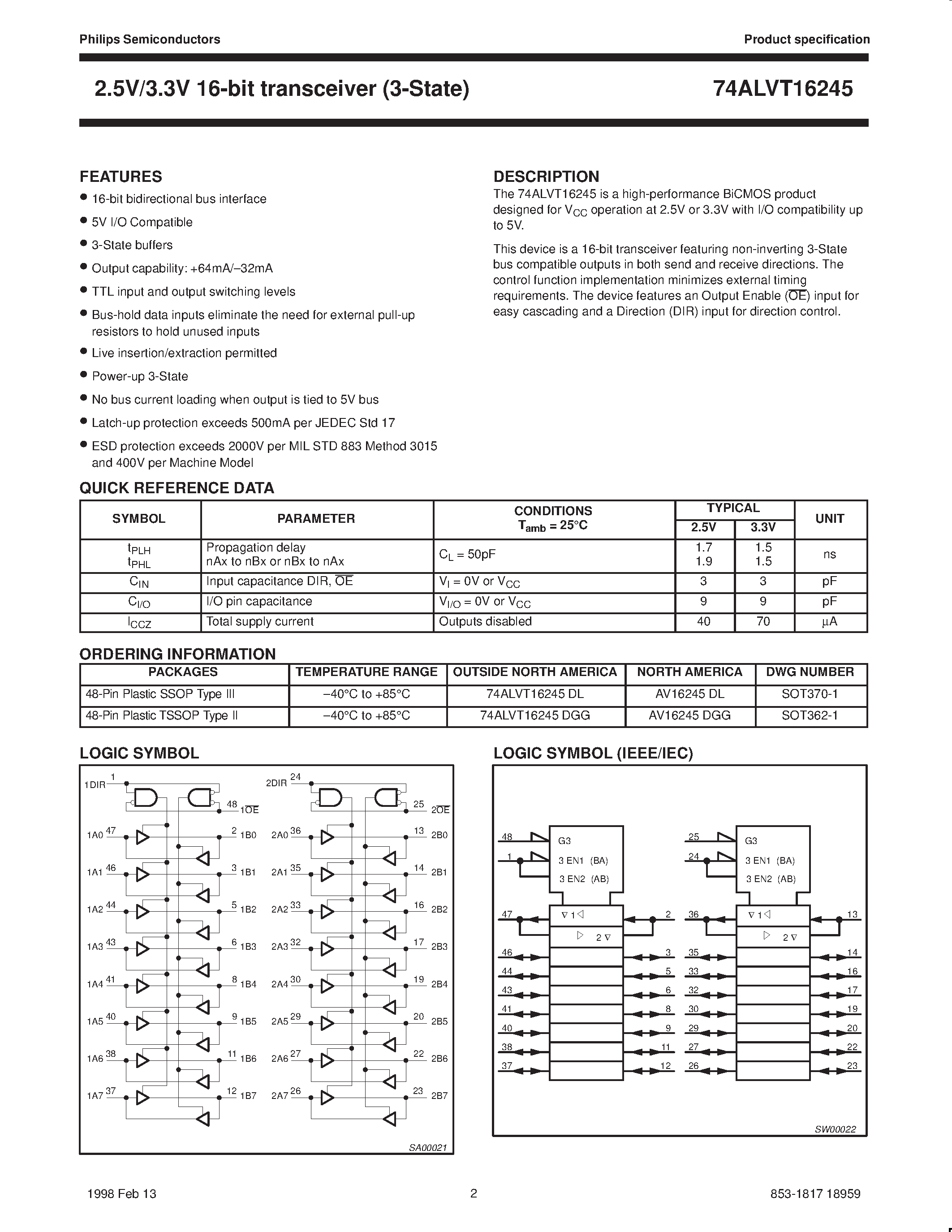 Datasheet AV16245DGG - 2.5V/3.3V ALVT 16-bit transceiver 3-State page 2