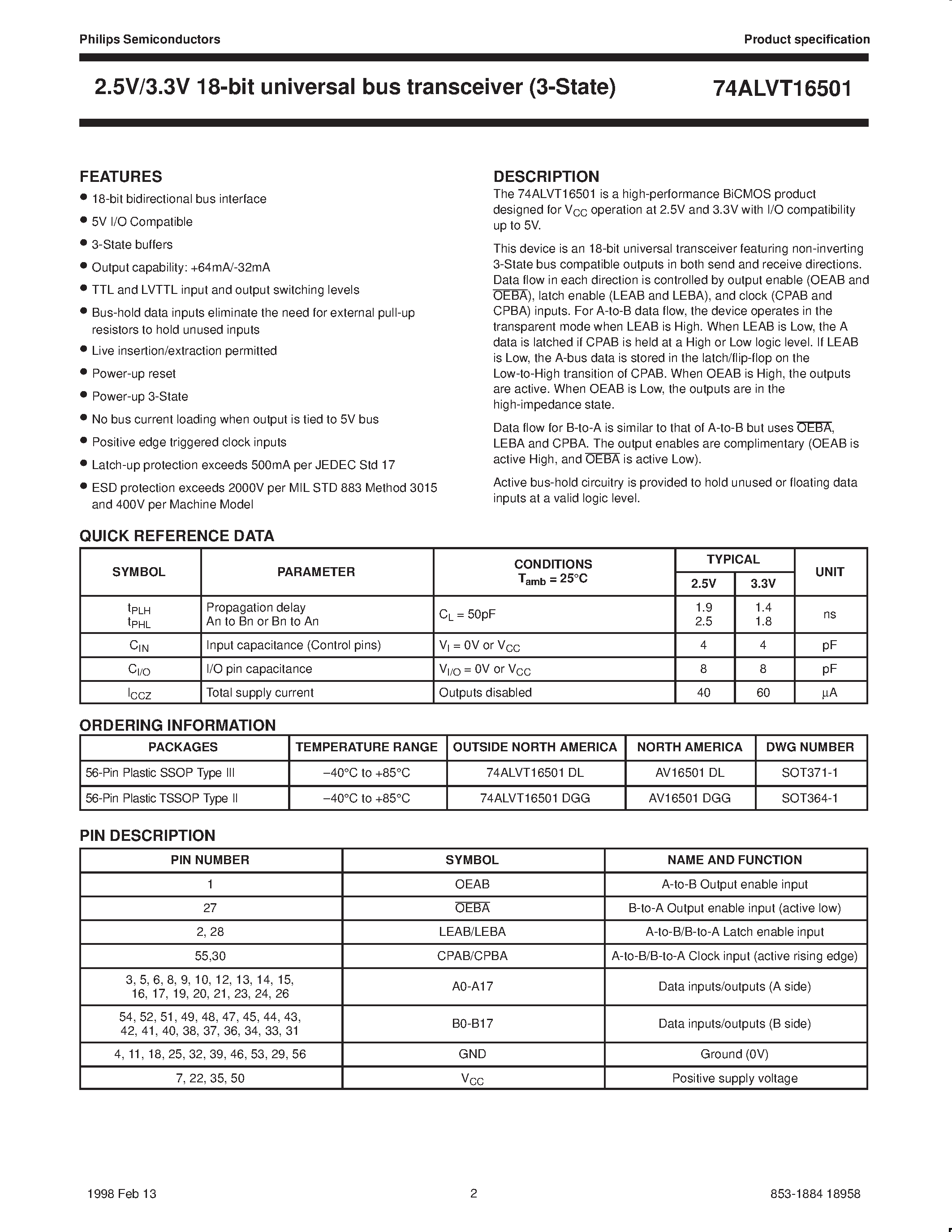 Datasheet AV16501DL - 2.5V/3.3V 18-bit universal bus transceiver 3-State page 2