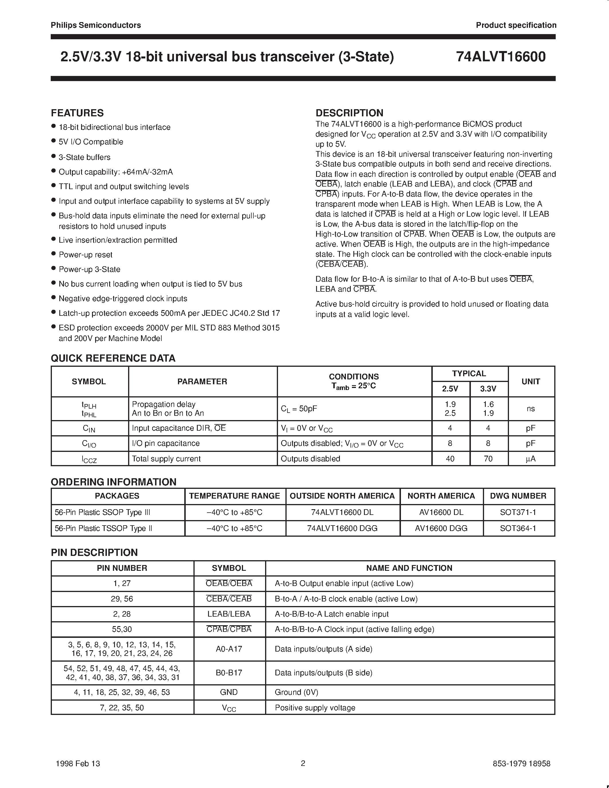 Datasheet AV16600DGG - 2.5V/3.3V 18-bit universal bus transceiver 3-State page 2