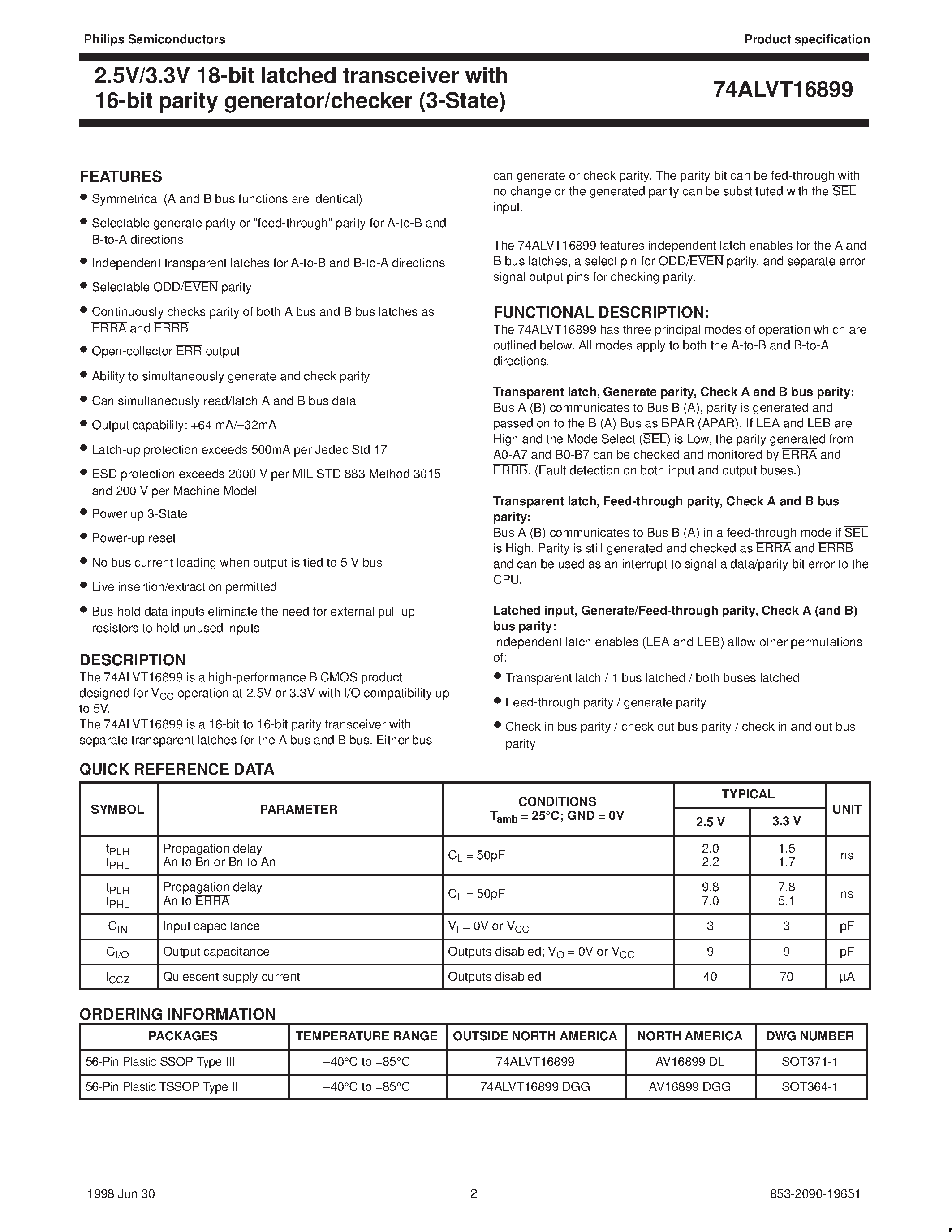 Datasheet AV16899DGG - 2.5V/3.3V 18-bit latched transceiver with 16-bit parity generator/checker 3-State page 2