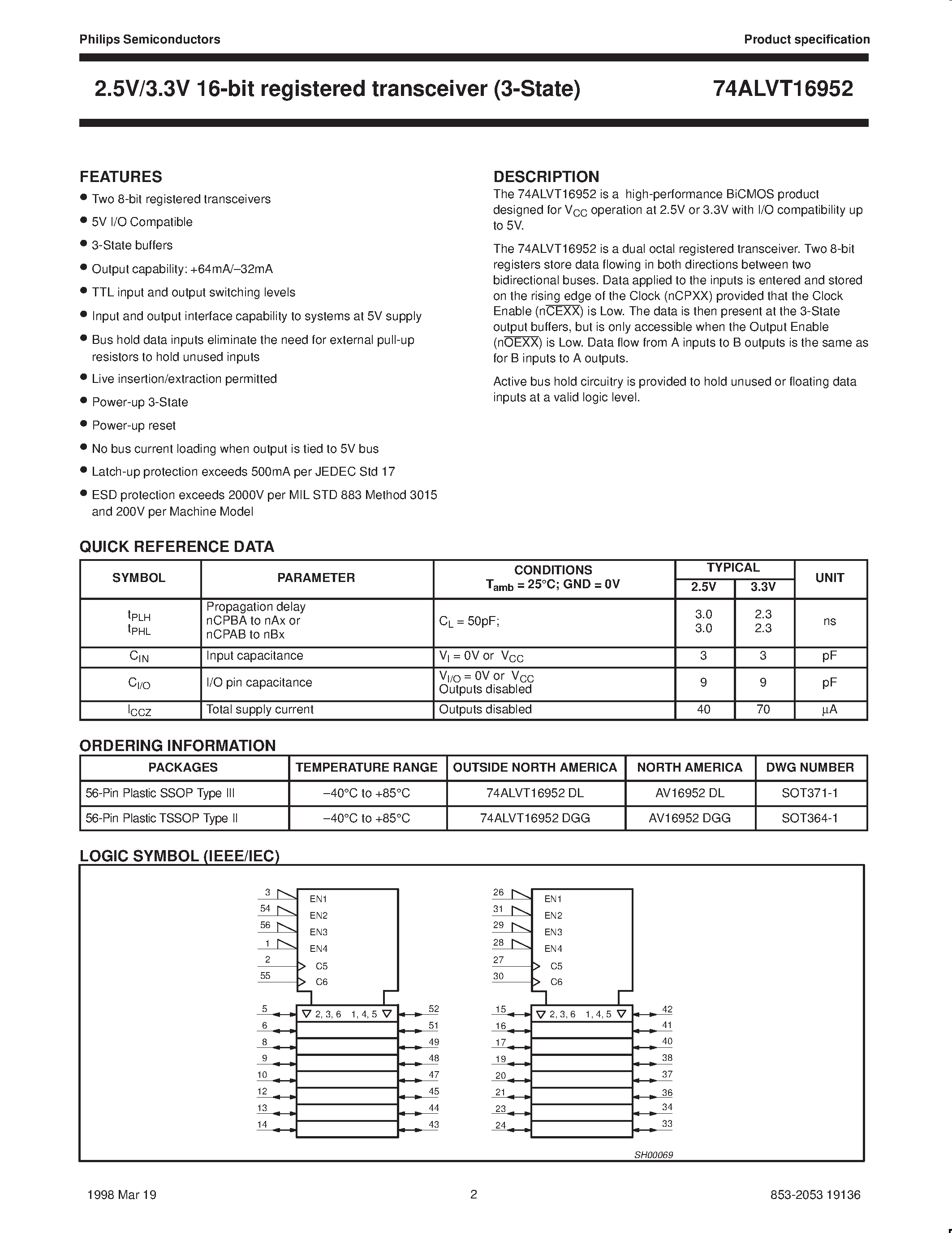 Datasheet AV16952DGG - 2.5V/3.3V ALVT 16-bit registered transceiver 3-State page 2