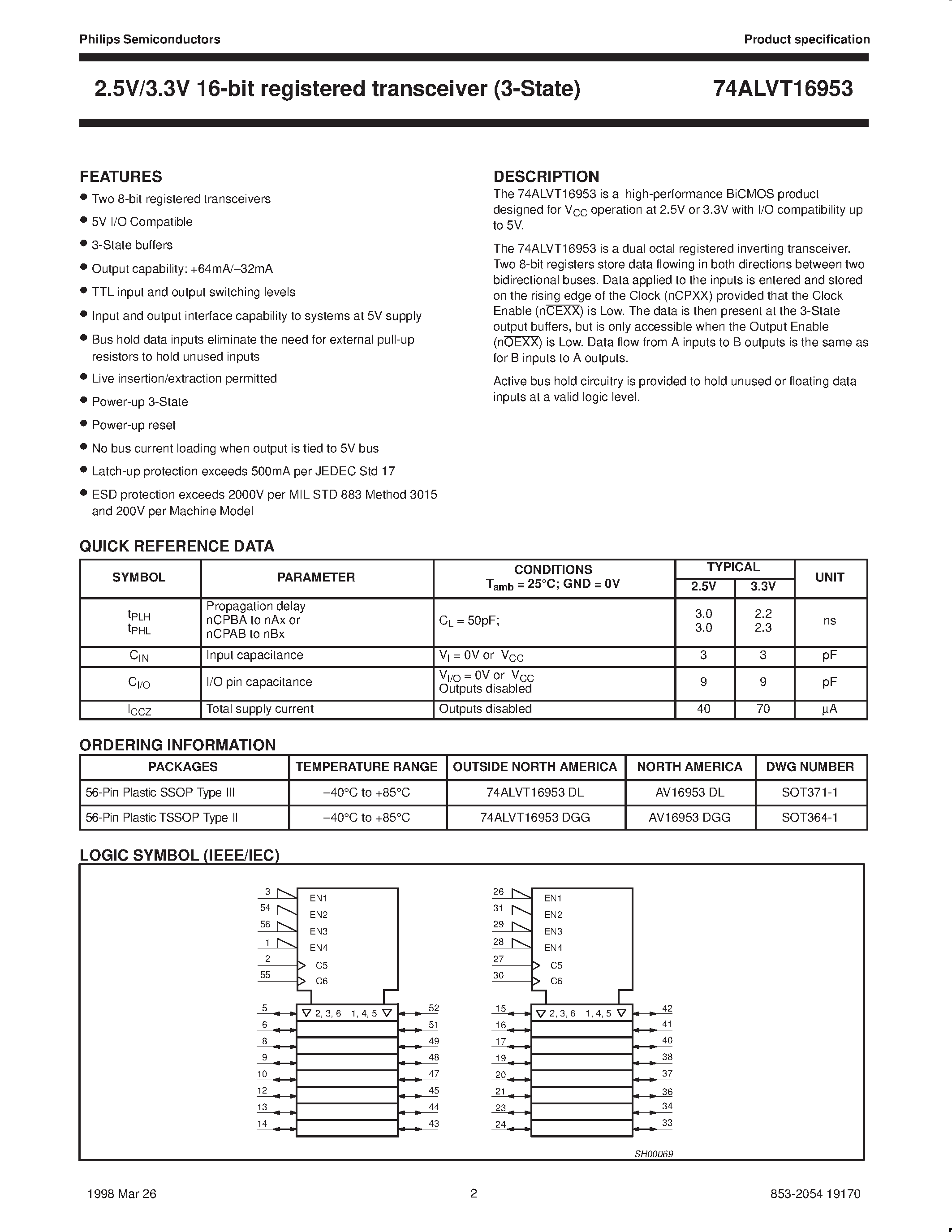 Datasheet AV16953DL - 2.5V/3.3V 16-bit registered transceiver 3-State page 2