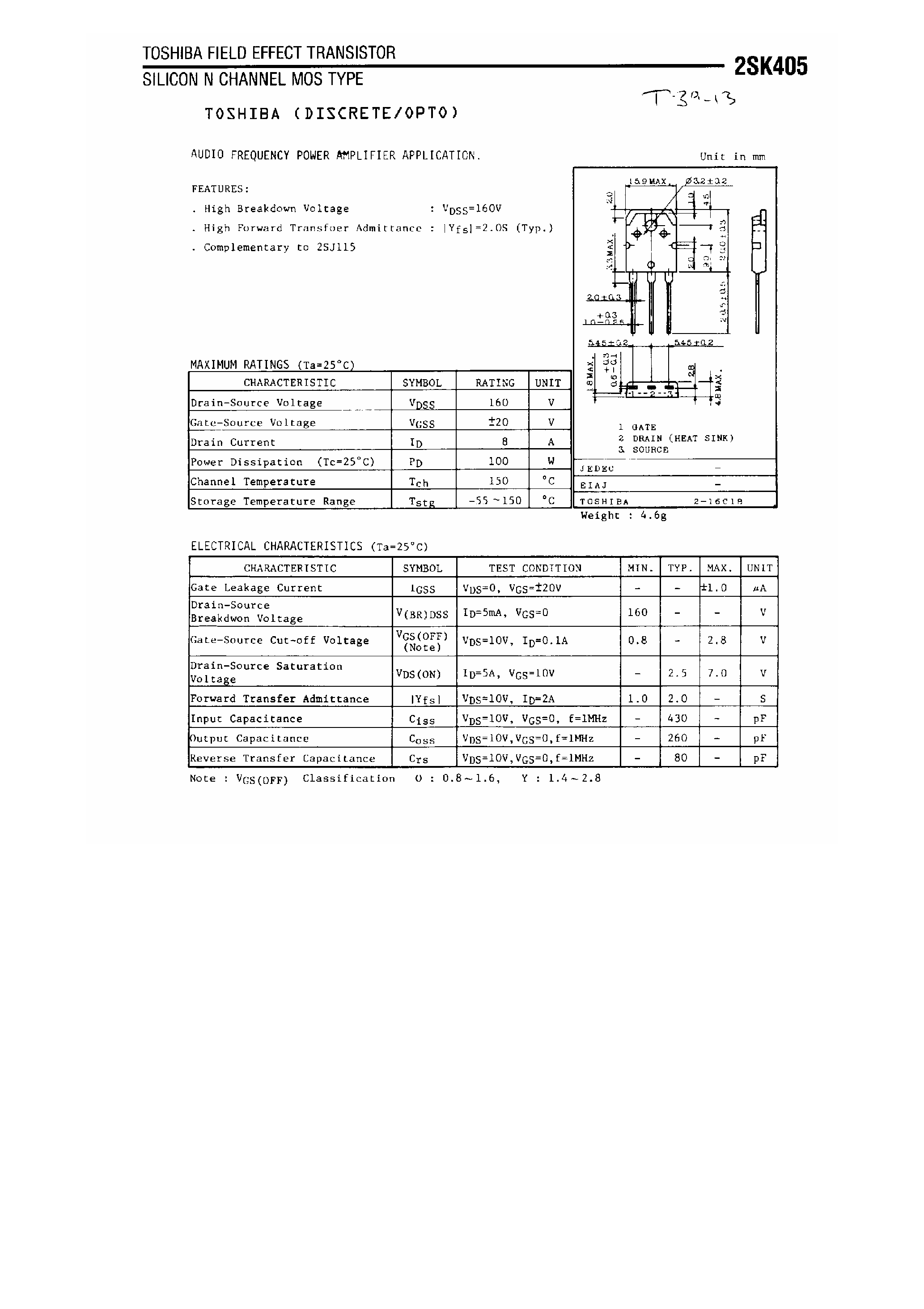 Datasheet 2SK405 - Silicon N Channel MOS type page 1