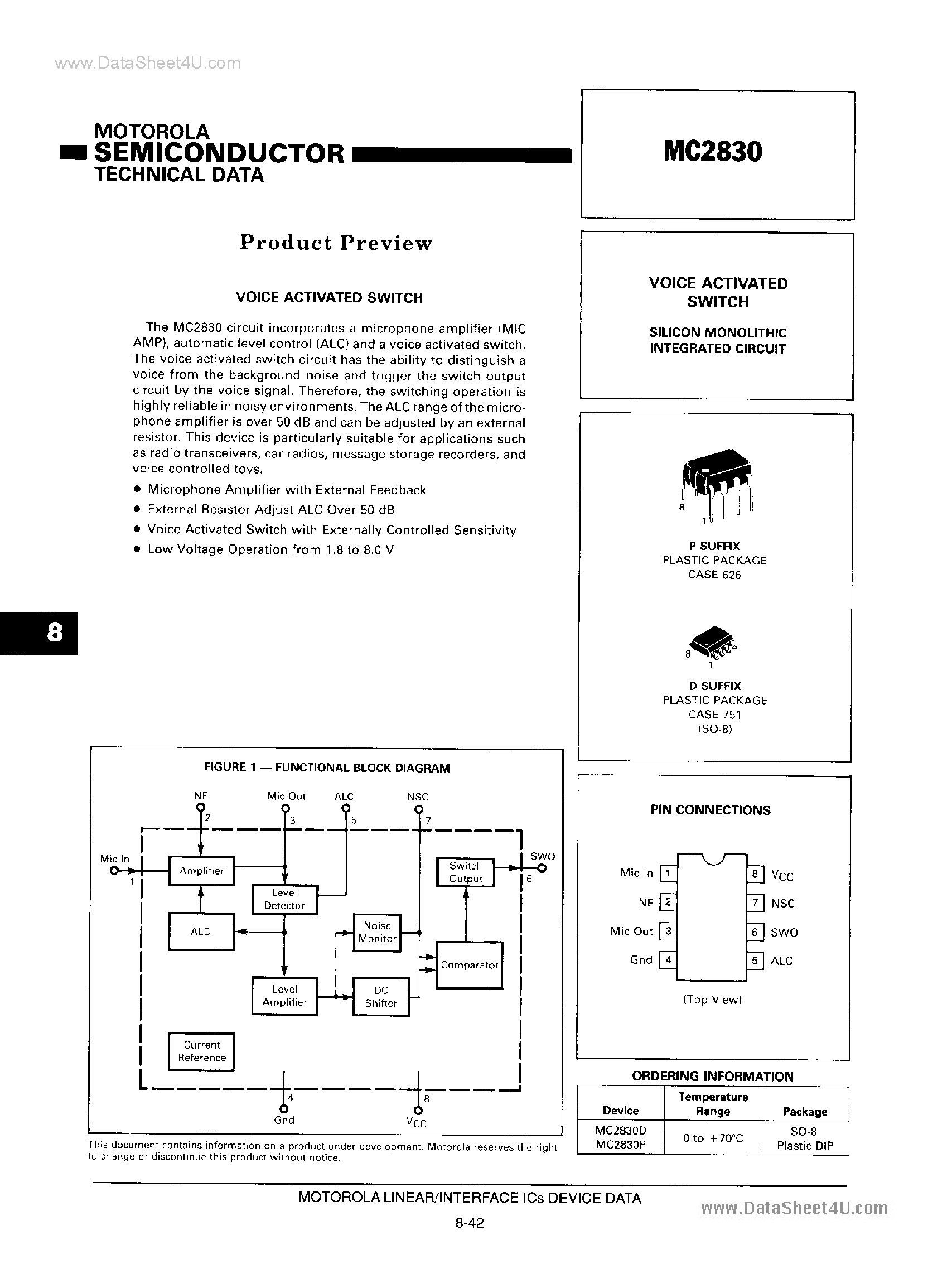 Datasheet MC2830D - Voice Activated Switch page 1