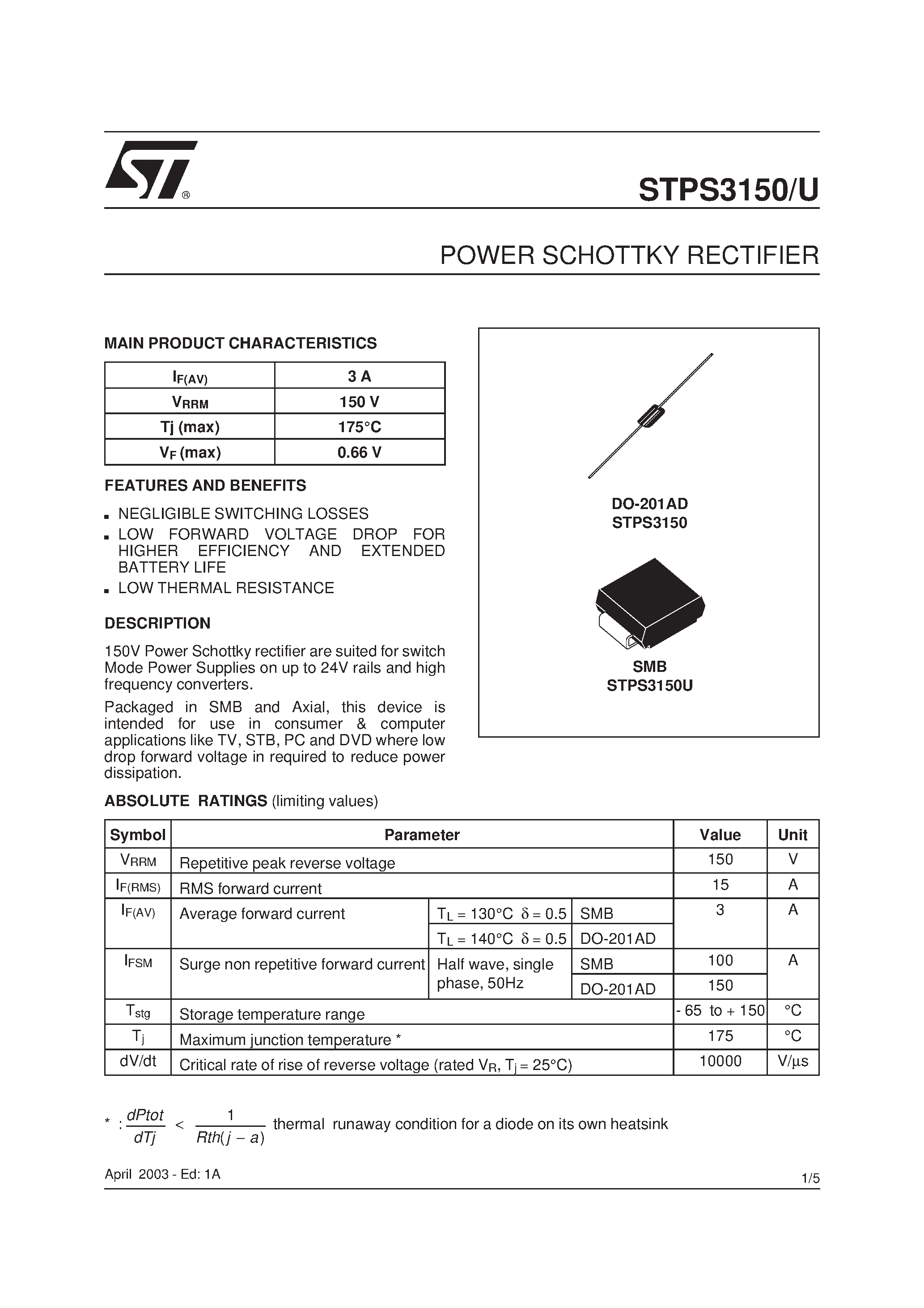 Datasheet 9474 page 1 Datasheet 9474 - POWER SCHOTTKY RECTIFIER page 1