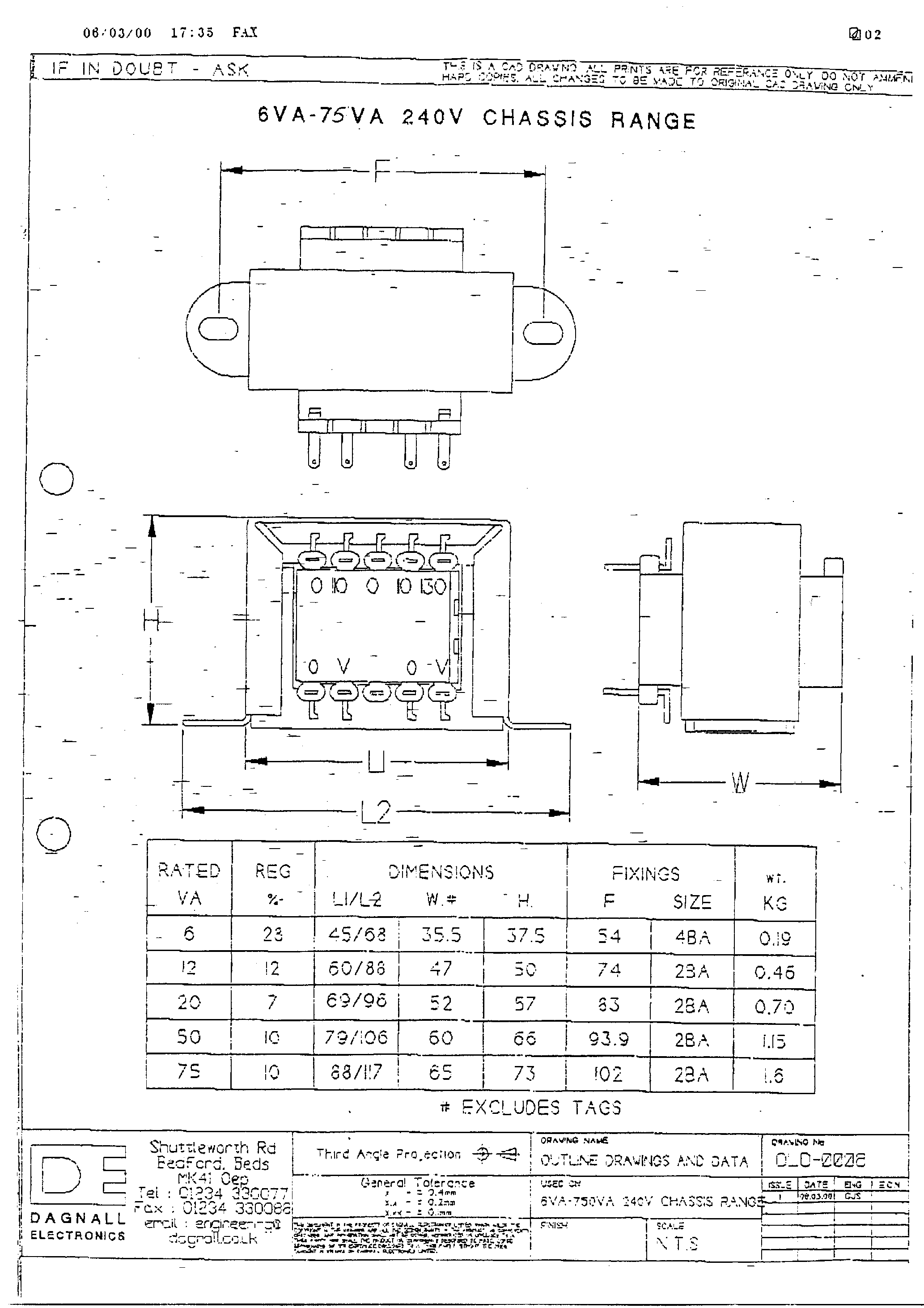 Datasheet D3628 page 1 Datasheet D3628 - TRANSFORMER 6VA 2X 4.5V page 1