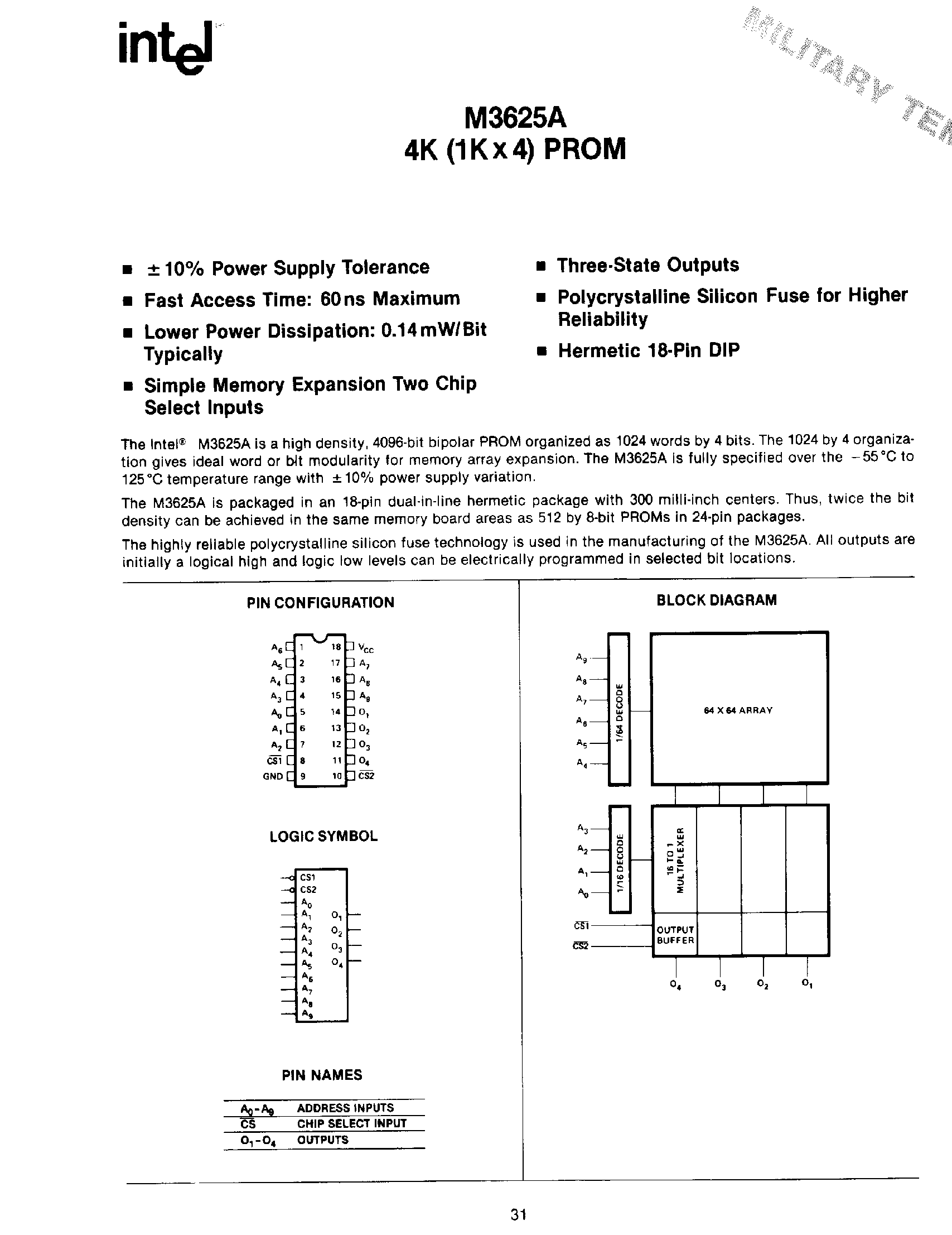 Даташит D3625A-1 - 4K (1K x 4) PROM страница 1
