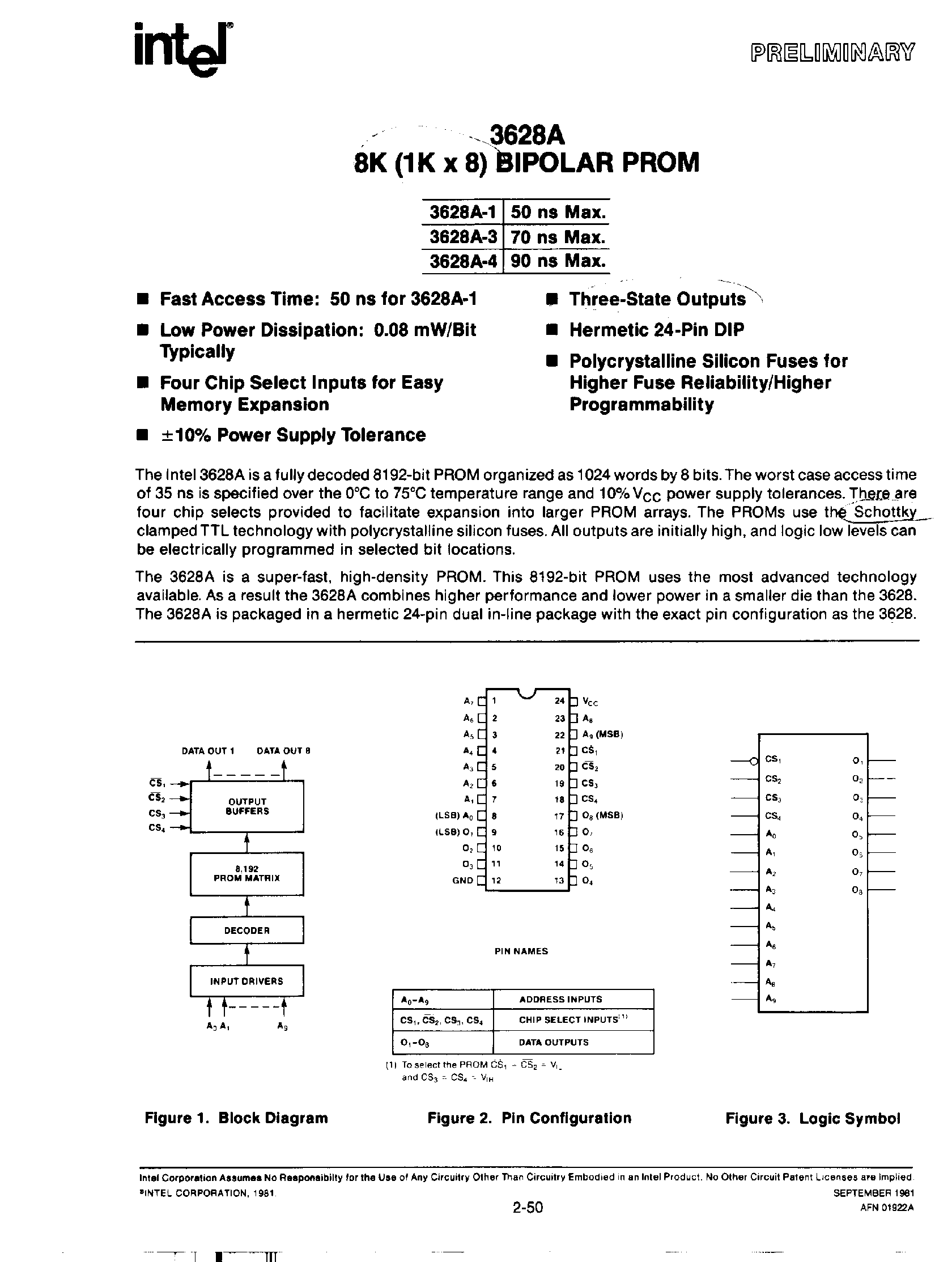 Даташит D3628A-1 - 8K (1K x 8) BIPOLAR PROM страница 1
