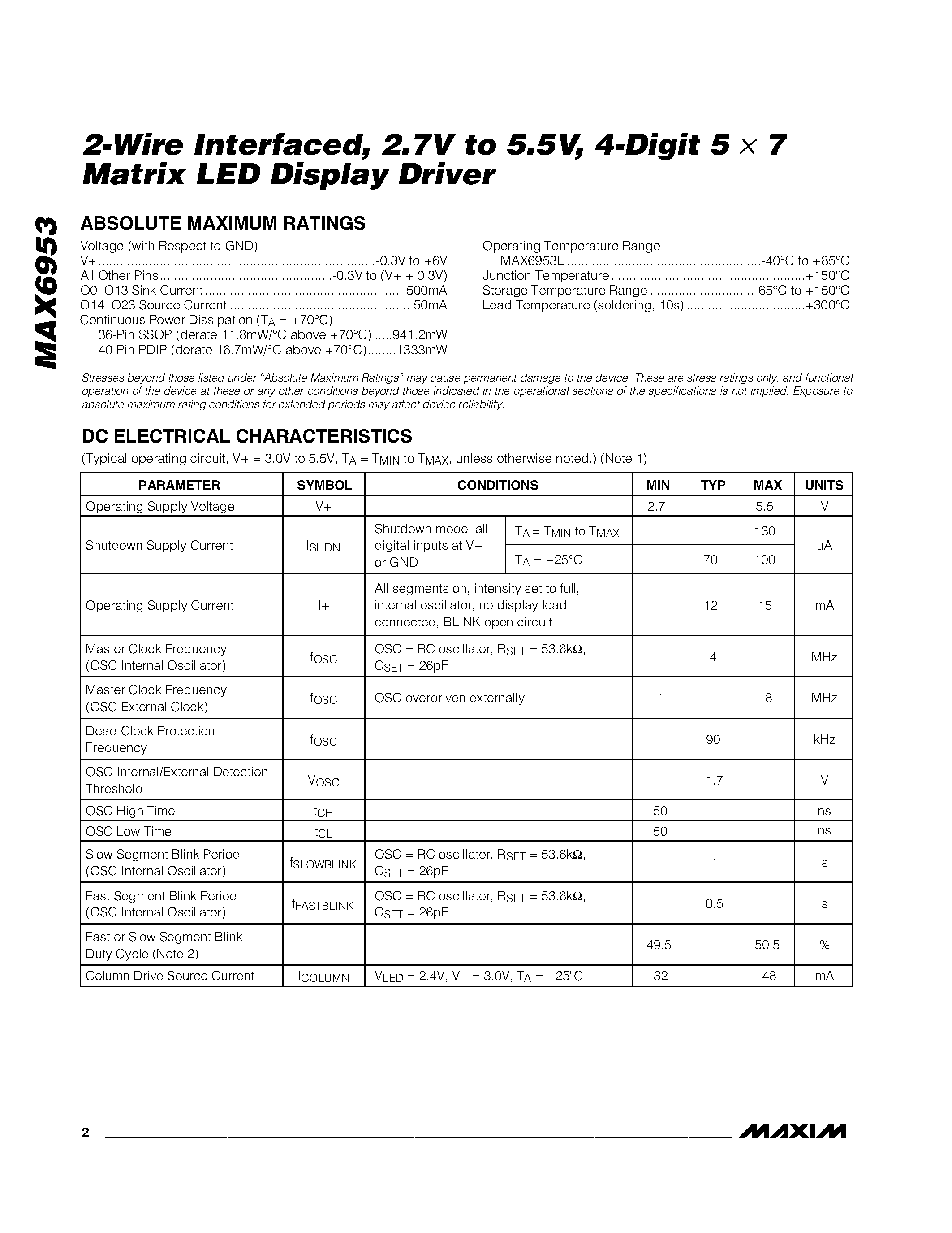 Даташит MAX6953E - 2-Wire Interfaced/ 2.7V to 5.5V/ 4-Digit 5 x 7 Matrix LED Display Driver страница 2