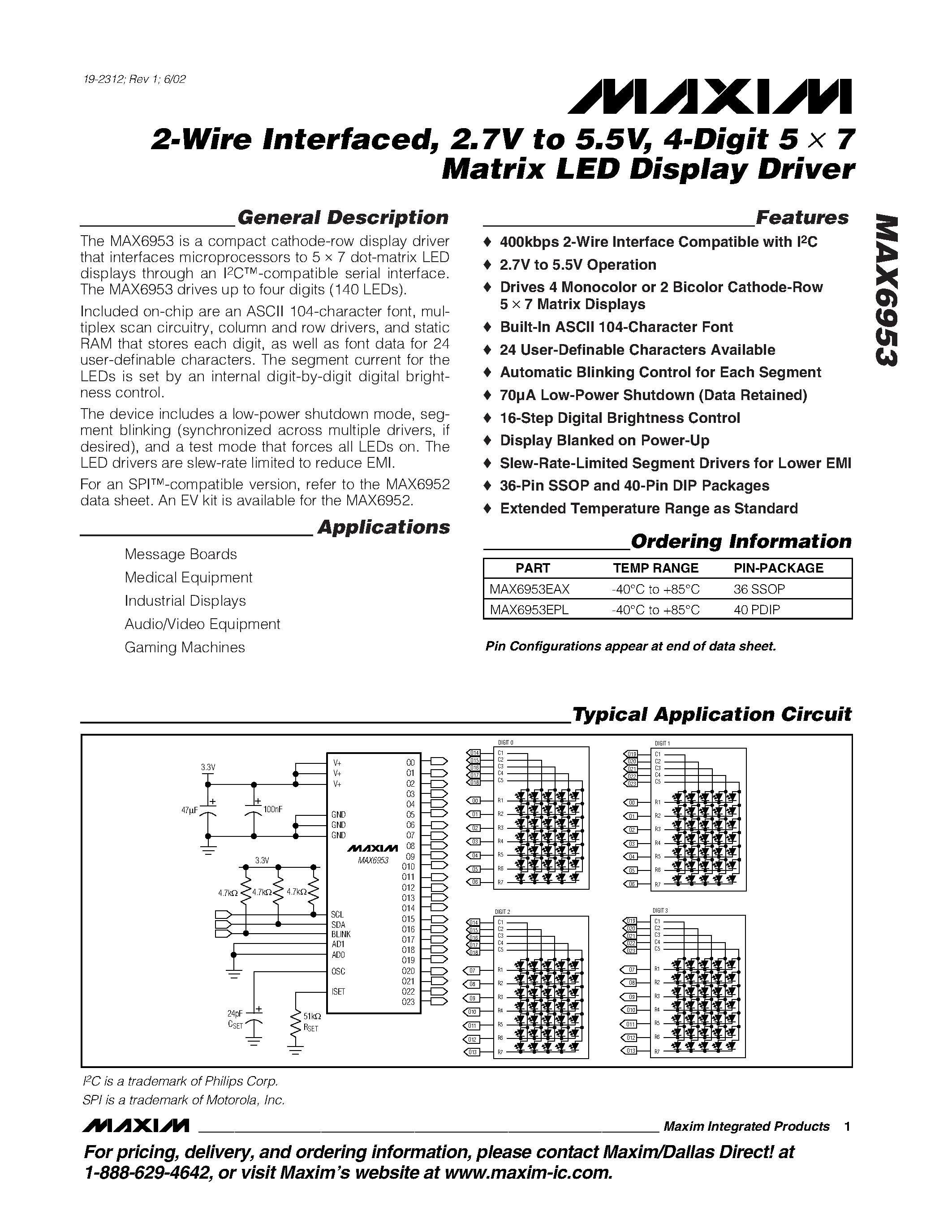 Datasheet MAX6953 - 2-Wire Interfaced/ 2.7V to 5.5V/ 4-Digit 5 x 7 Matrix LED Display Driver page 1