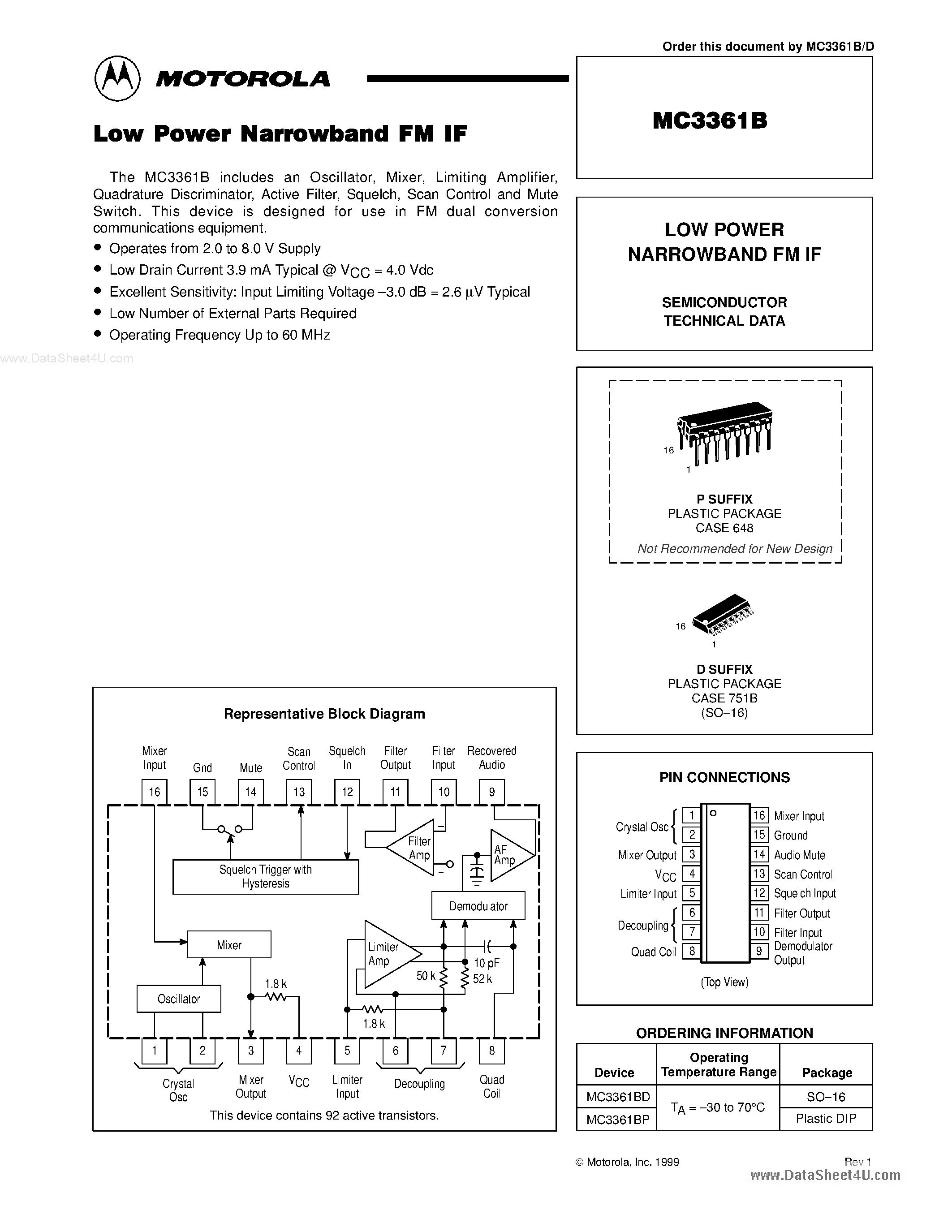 Datasheet mc3361 - LOW POWER NARROWBAND FM IF page 1