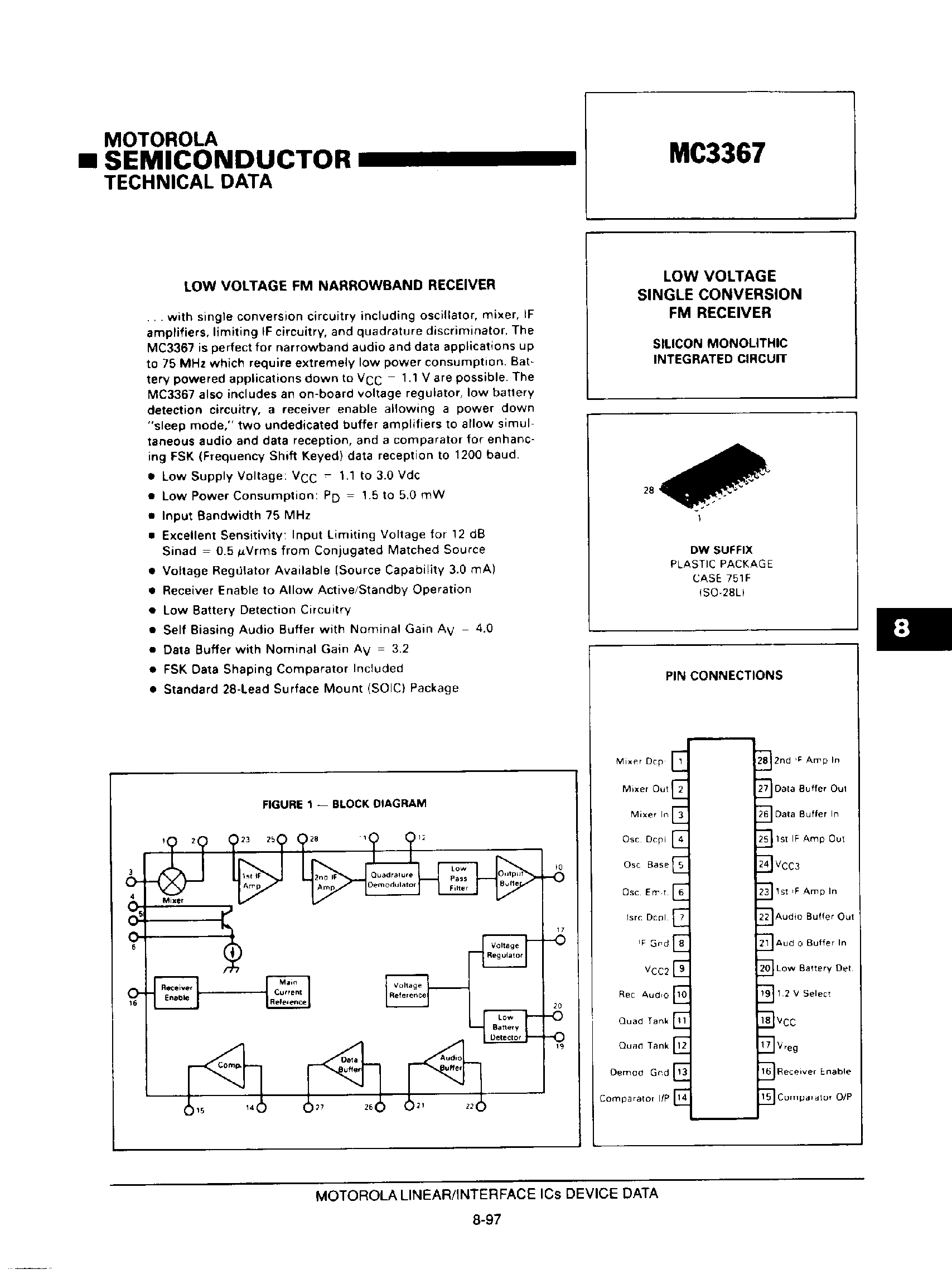 Datasheet MC3367 page 1 Datasheet MC3367 - LOW VOLTAGE FM NARROWBAND RECEIVER page 1