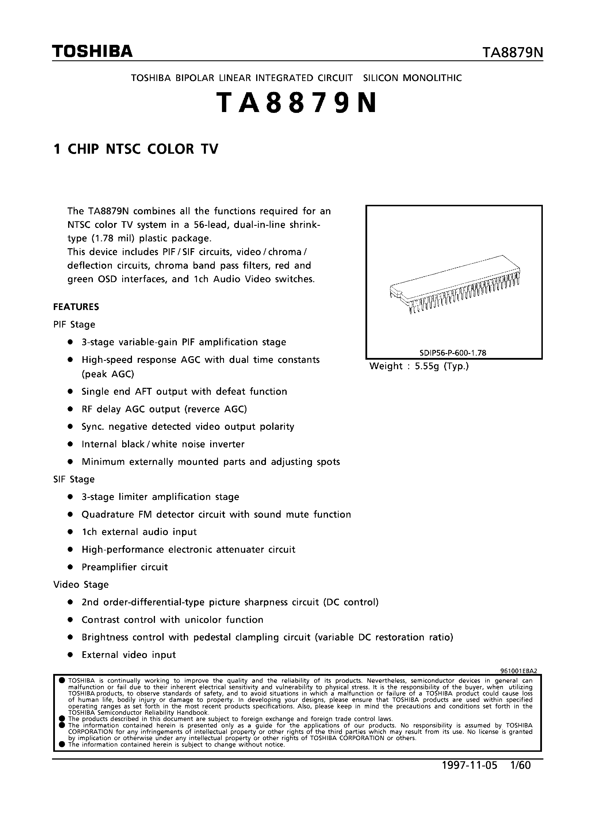 Datasheet TA8879N - 1 CHIP NTSC COLOR TV page 1